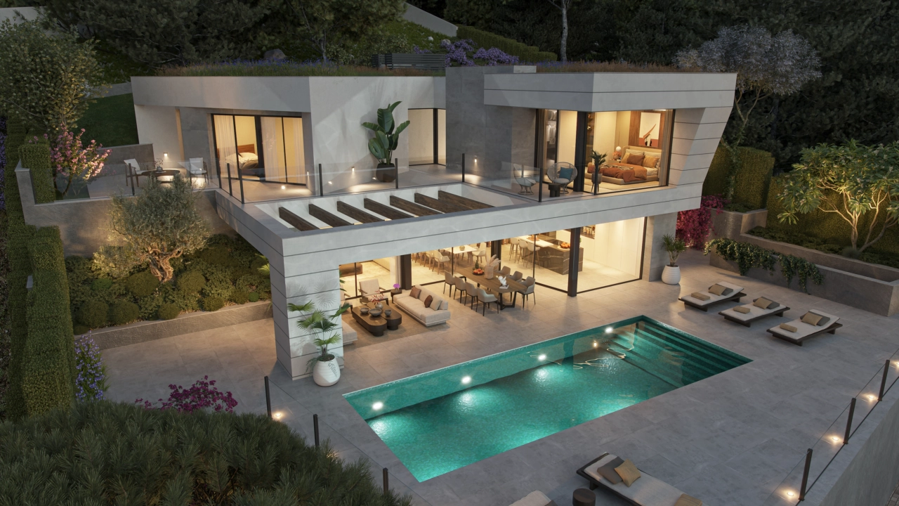 Eine Abendansicht der Villa, wo elegante Beleuchtung eine warme und einladende Atmosphäre schafft.