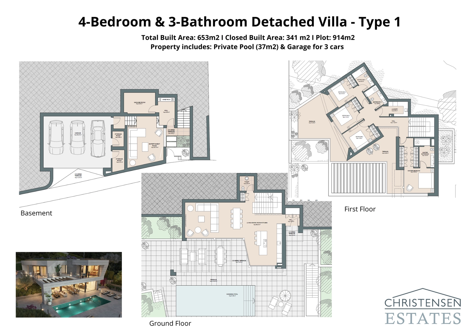 Dieser Grundriss der Villa mit vier Schlafzimmern bietet einen geräumigen Keller mit einer Garage für drei Autos und einem Unterhaltungsraum. Das Erdgeschoss öffnet sich direkt zur großen Terrasse und zum Pool und schafft so einen perfekten Übergang für das Wohnen im Innen- und Außenbereich.