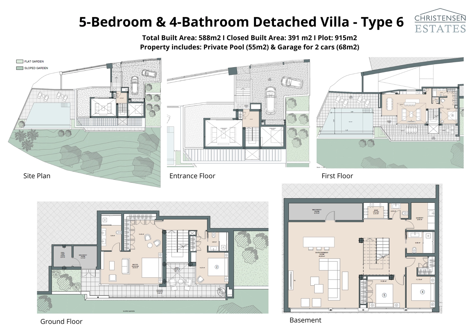 Entdecken Sie das Design dieser Residenz mit fünf Schlafzimmern, die großzügige Wohnbereiche auf mehreren Etagen bietet. Der Grundriss gewährleistet Privatsphäre und Komfort, mit viel Platz für Familie und Gäste, ergänzt durch einen großen privaten Pool und Garten.