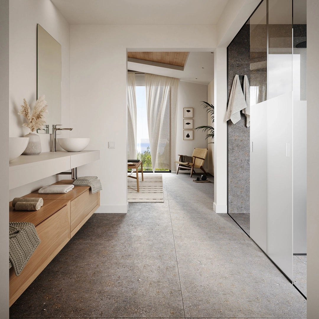 Elegante und moderne Badezimmer, ausgestattet mit hochwertigen Armaturen und Oberflächen für ein Wellness-Erlebnis zu Hause.