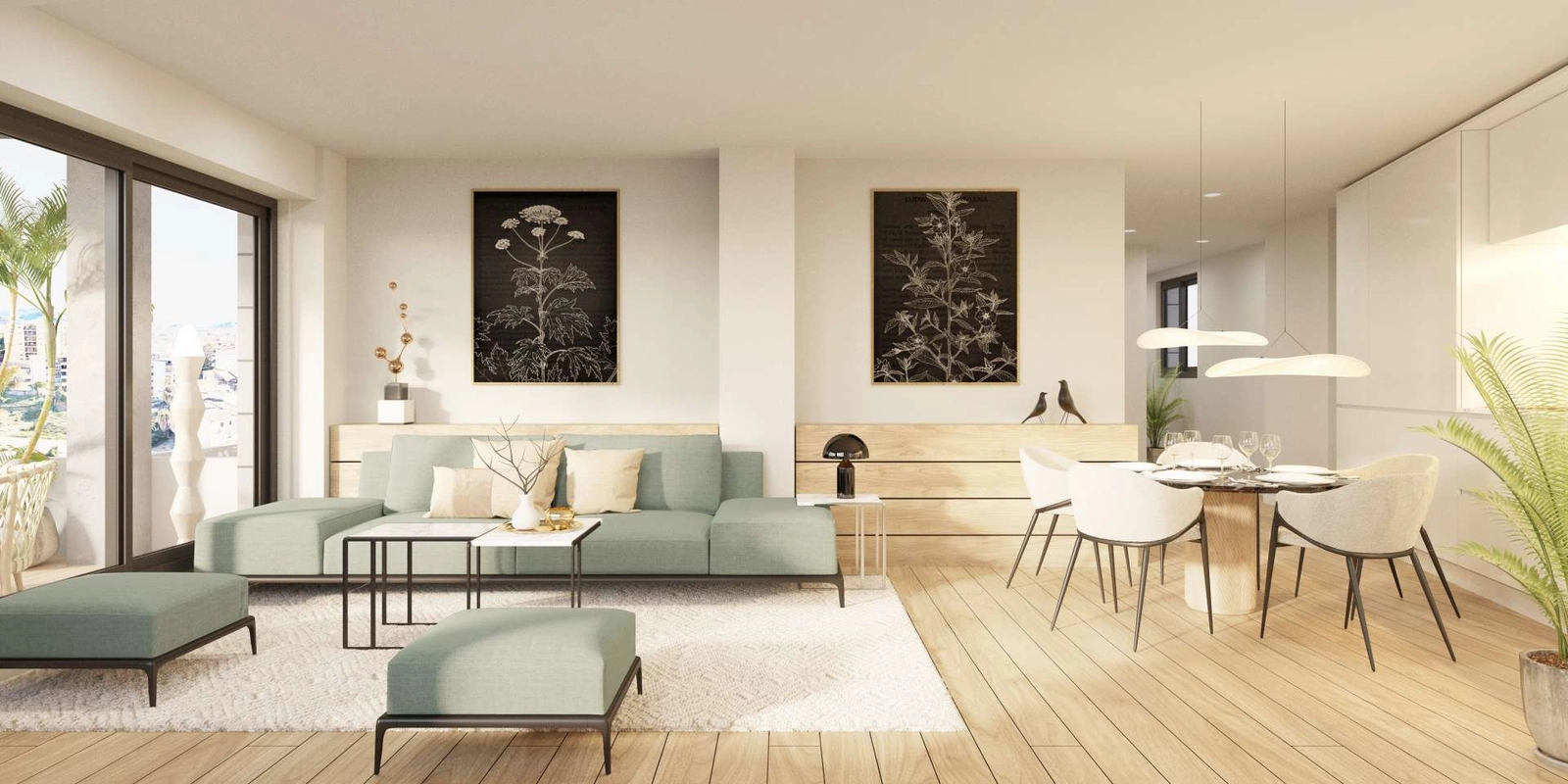 Ein eleganter und heller offener Wohn- und Essbereich, konzipiert für modernen Komfort und Stil.