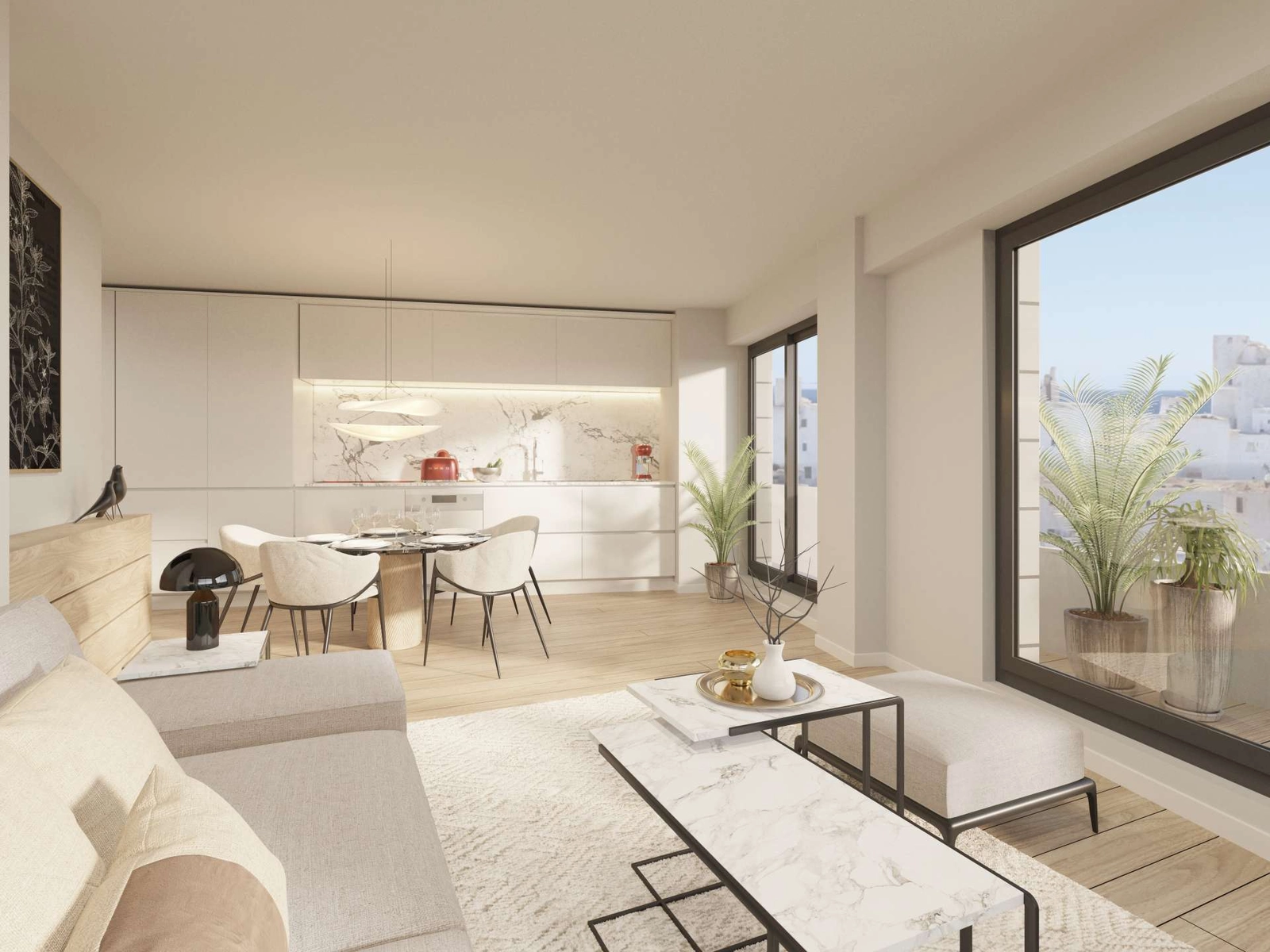 Die moderne Küche ist nahtlos in den Wohnbereich integriert und verfügt über hochwertige Geräte und Oberflächen.