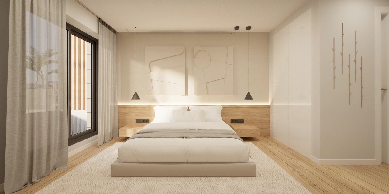 Ein ruhiges Hauptschlafzimmer, gestaltet als friedlicher Rückzugsort, mit klaren Linien und einem warmen Ambiente.