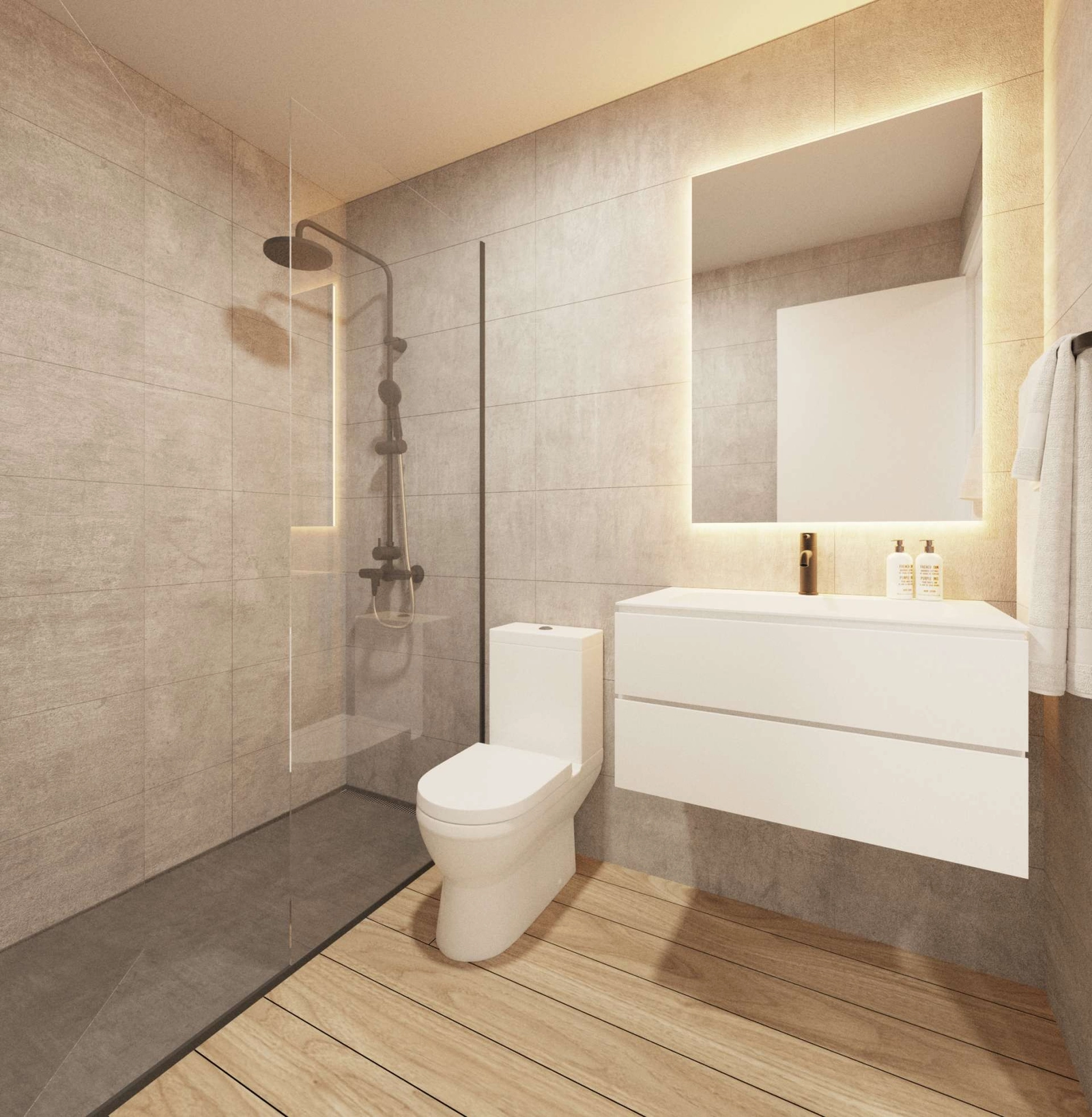 Ein modernes Badezimmer mit hochwertigen Materialien, einer begehbaren Dusche und stilvollem Design.