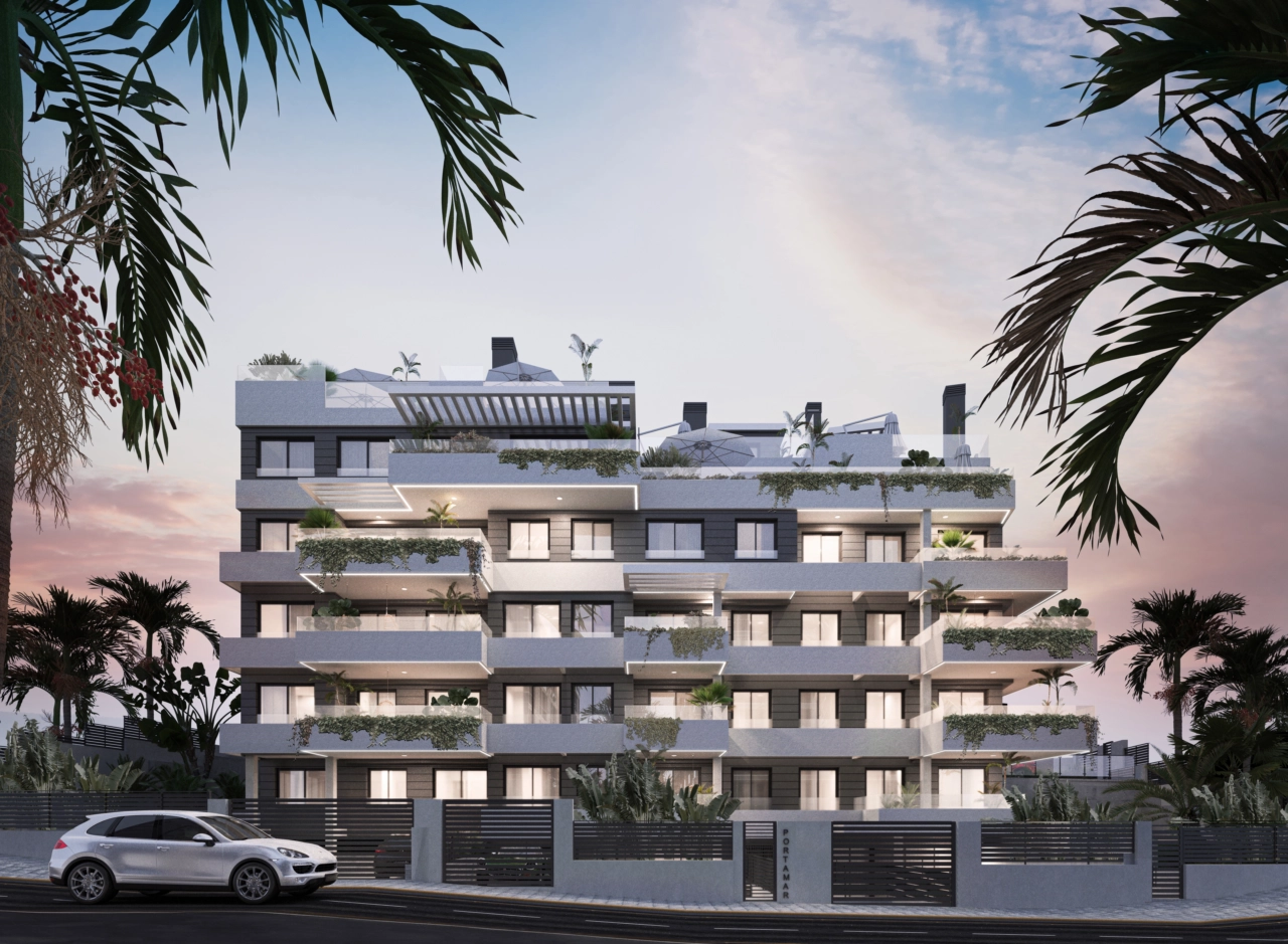 Das moderne architektonische Design von Portamare sticht hervor und bietet eine einzigartige Präsenz in Estepona.