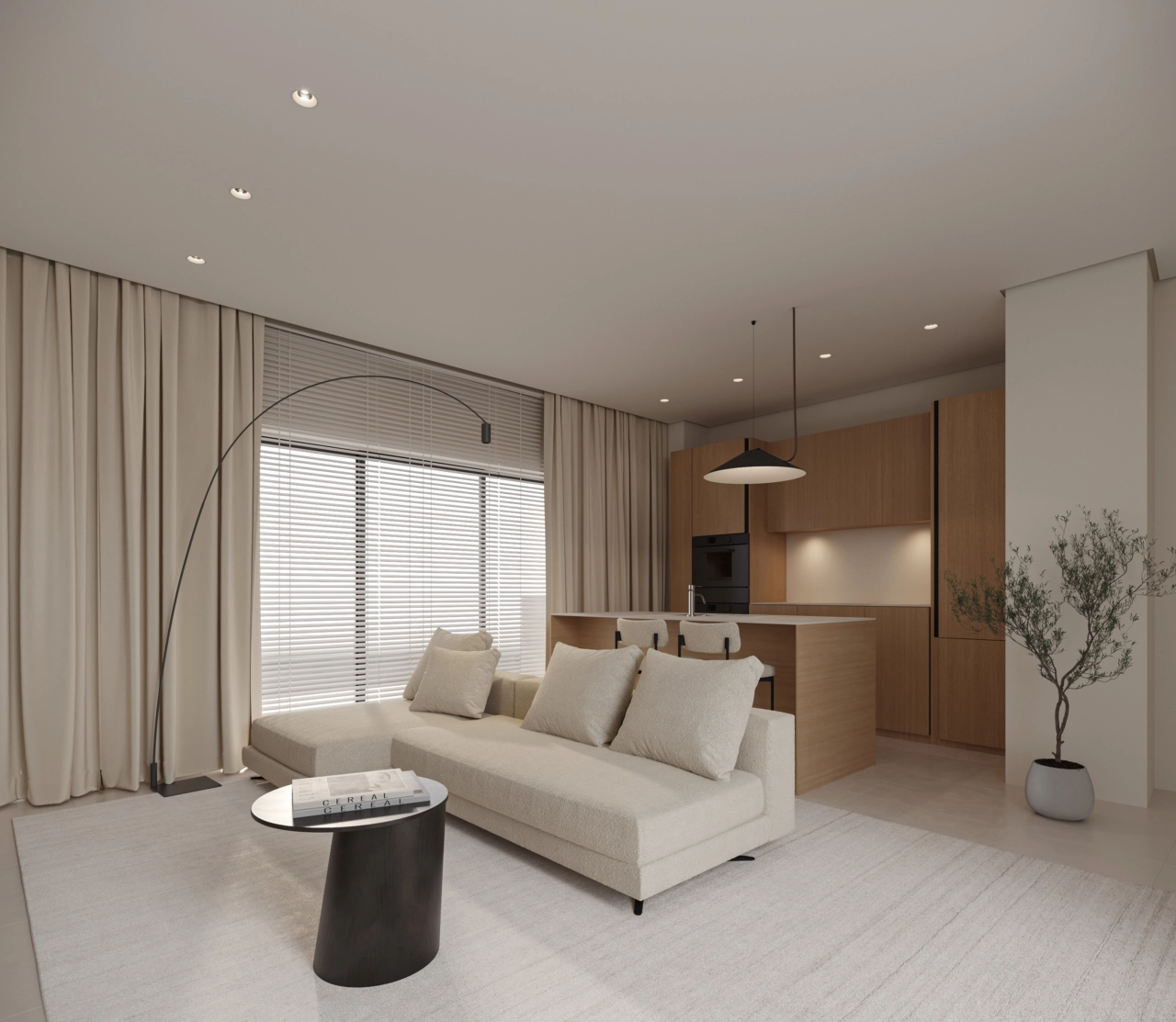 Ein stilvolles Wohnzimmer und eine Küche, wo klare Linien und natürliche Materialien eine warme, einladende Atmosphäre schaffen.