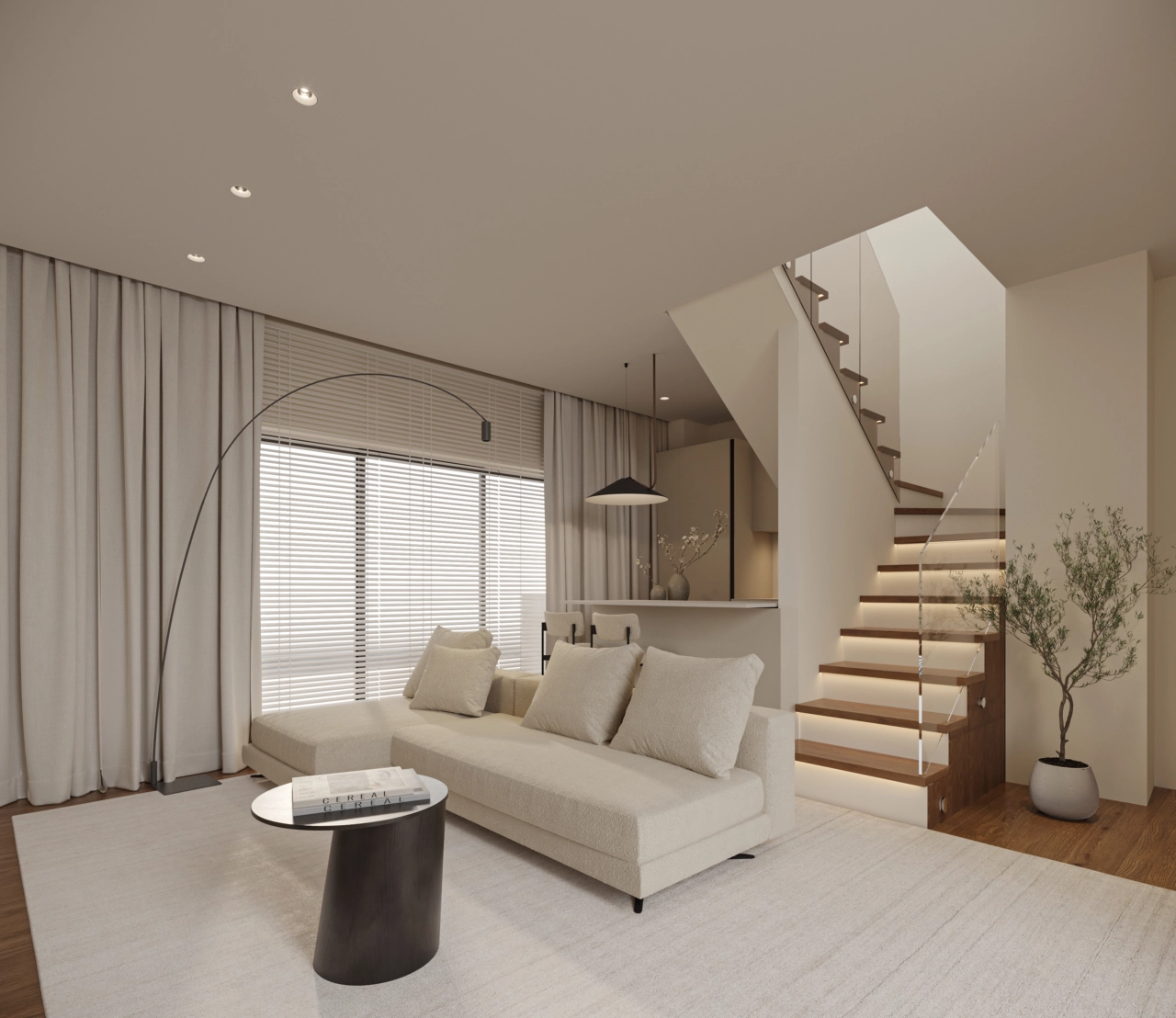 Eleganter Maisonette-Wohnbereich mit einer modernen Treppe, der Funktionalität mit anspruchsvollem Design verbindet.