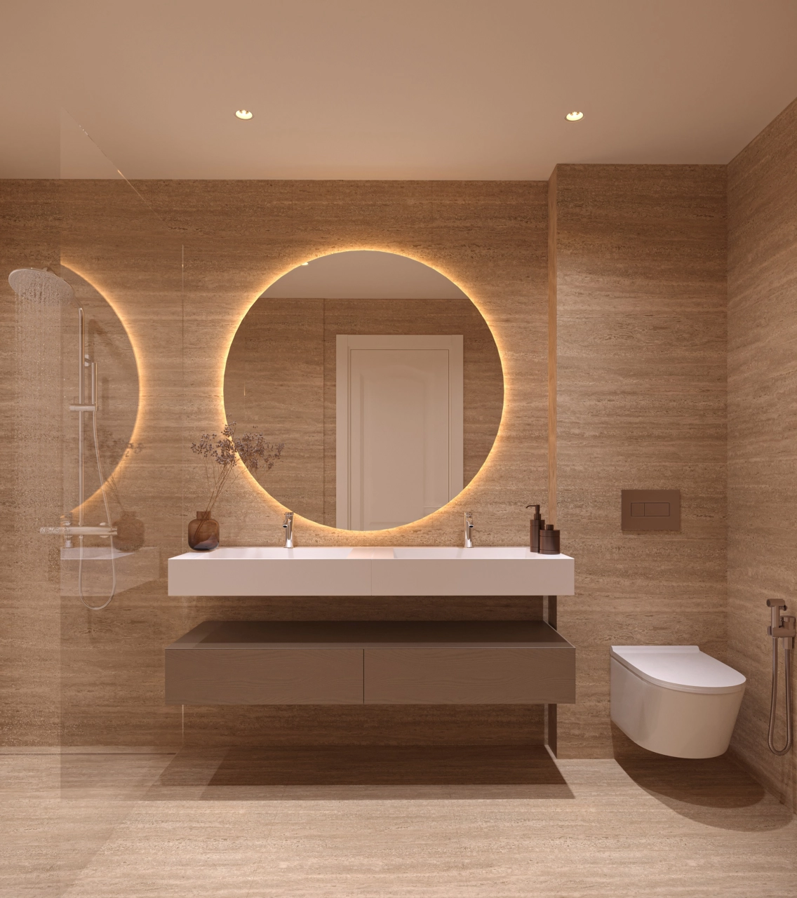 Ein luxuriöses Badezimmer mit hochwertigen Oberflächen, hinterleuchteten Spiegeln und einer geräumigen ebenerdigen Dusche.