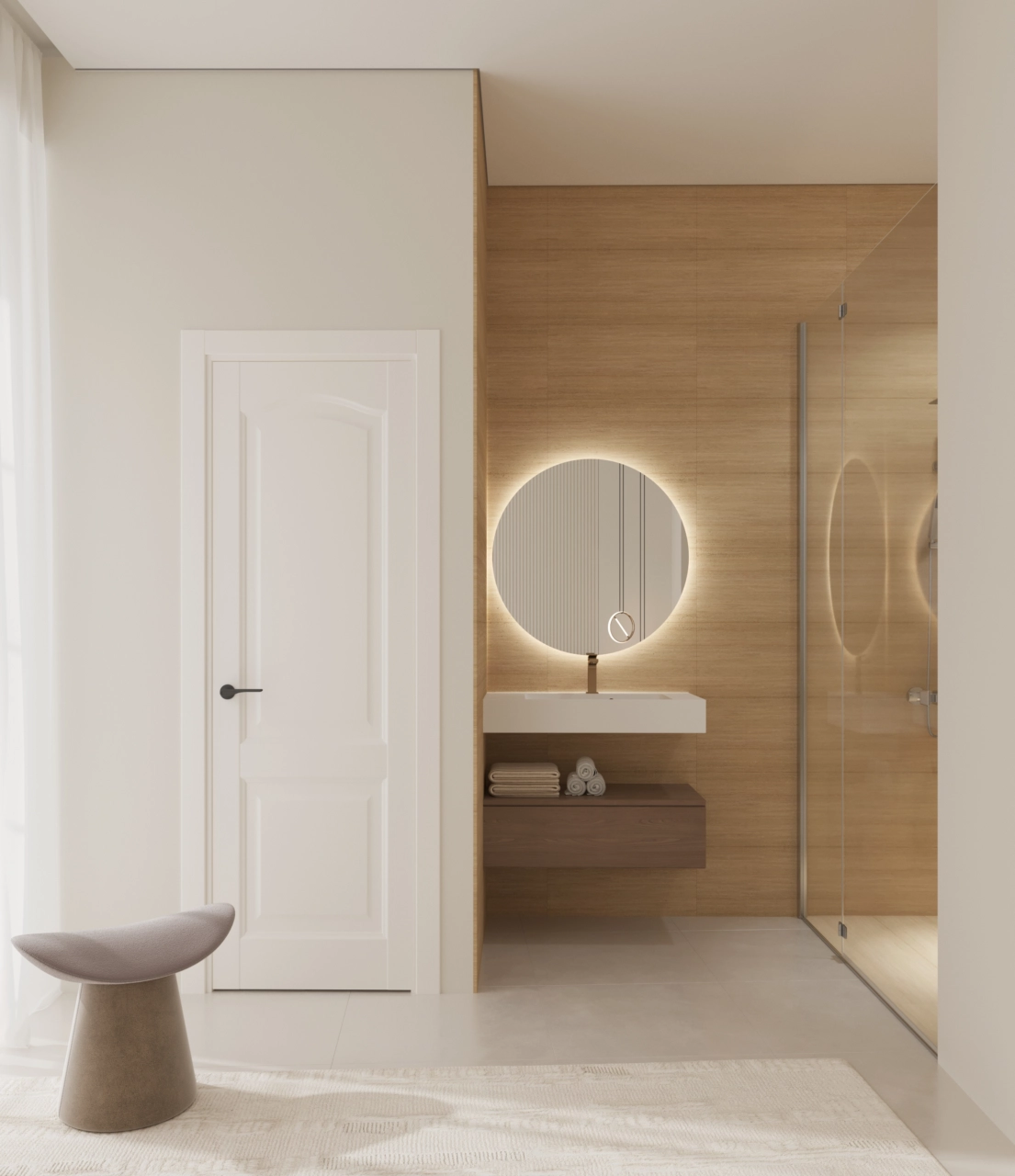 Ein elegantes Bad en Suite, ausgestattet mit Holzoptik-Fliesen und einem stilvollen, beleuchteten Waschtisch.