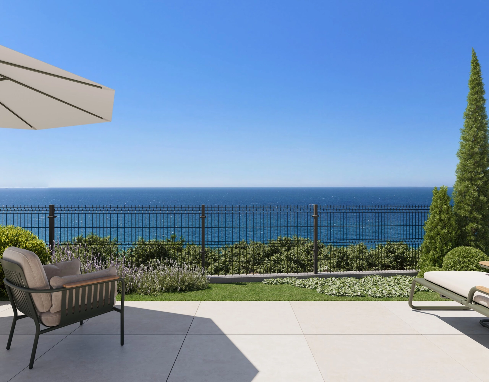 Eine ruhige Ecke in Ihrem privaten Garten, umgeben von wunderschöner Landschaftsgestaltung mit Meerblick.
