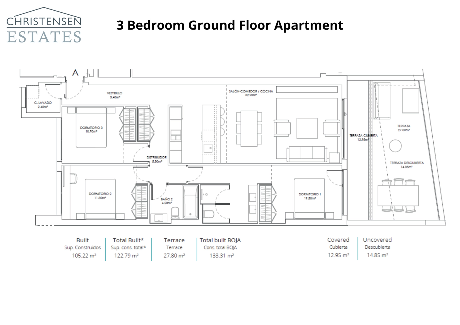 Dieser Grundriss einer Dreizimmer-Erdgeschosswohnung zeigt geräumige Innenräume, die sich zu einer großzügigen Terrasse und Gartenfläche öffnen.