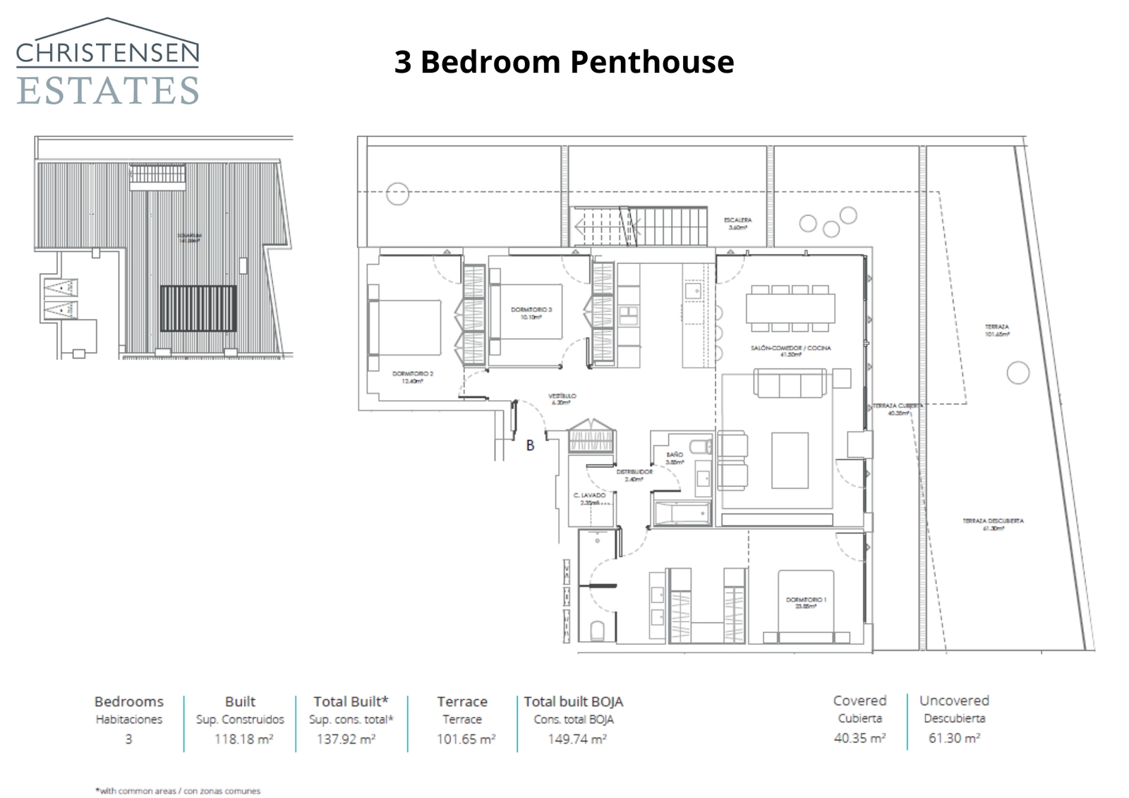 Ein außergewöhnlicher Grundriss einer Dreizimmer-Dachgeschosswohnung, komplett mit einem weitläufigen Dachsolarium für das ultimative Outdoor-Wohnerlebnis.