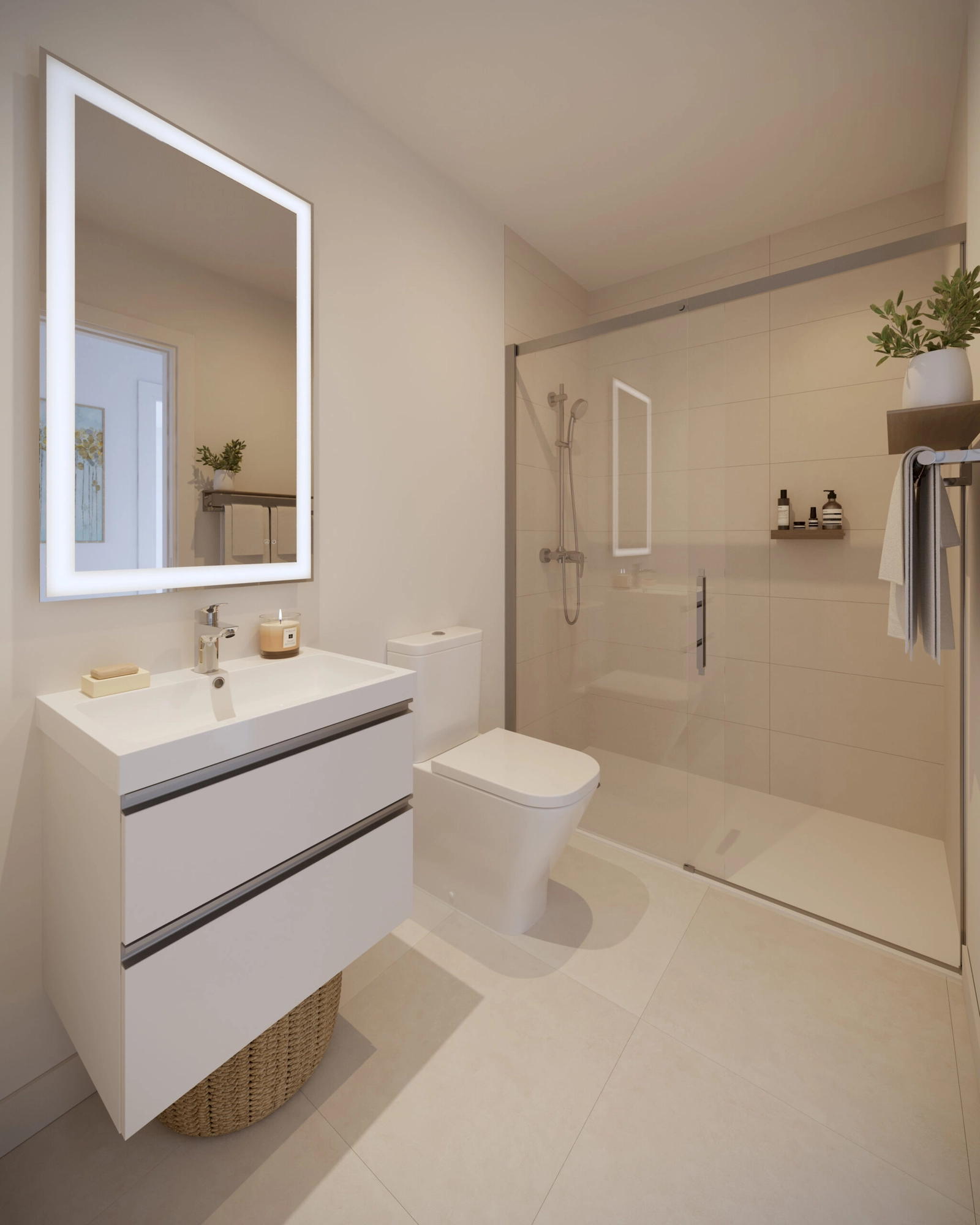 Ein modernes Badezimmer mit hochwertiger Ausstattung und einem klaren, frischen Design.