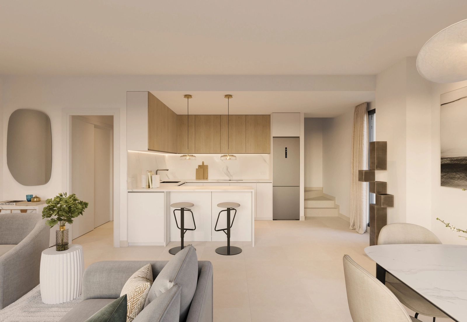 Eine moderne, voll ausgestattete Küche, die sowohl funktional als auch ästhetisch ansprechend ist.