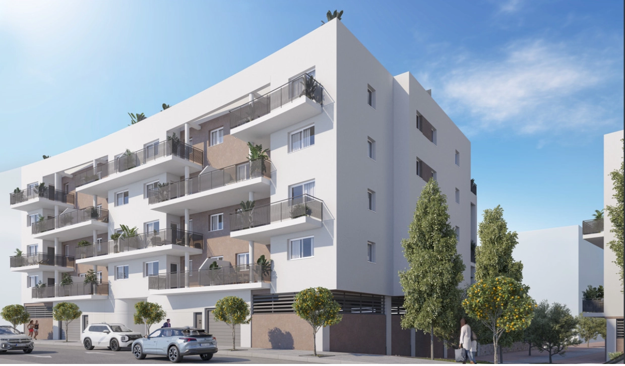 Ein Blick auf das moderne architektonische Design von Los Olivos Residencial, ein neues Wahrzeichen in Vélez-Málaga.