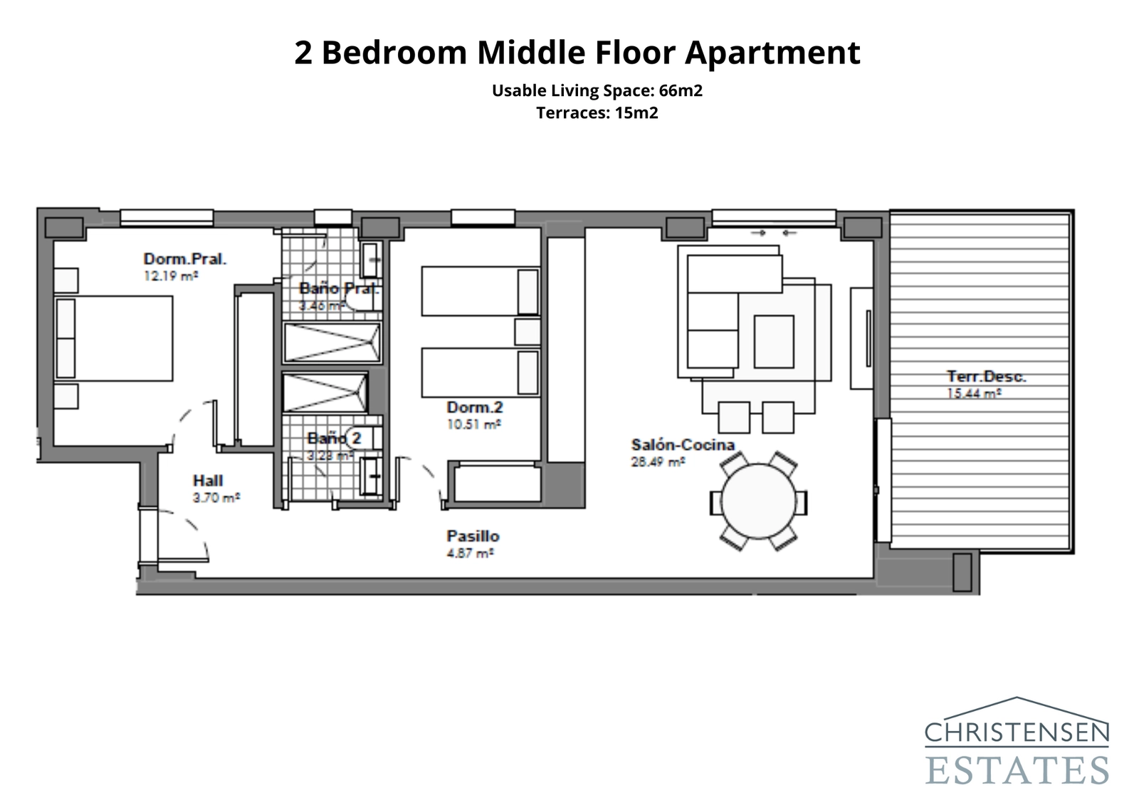 Dieser Grundriss mit zwei Schlafzimmern zeigt ein cleveres Design mit einem offenen Wohnbereich, der mit einer großzügigen privaten Terrasse verbunden ist.
