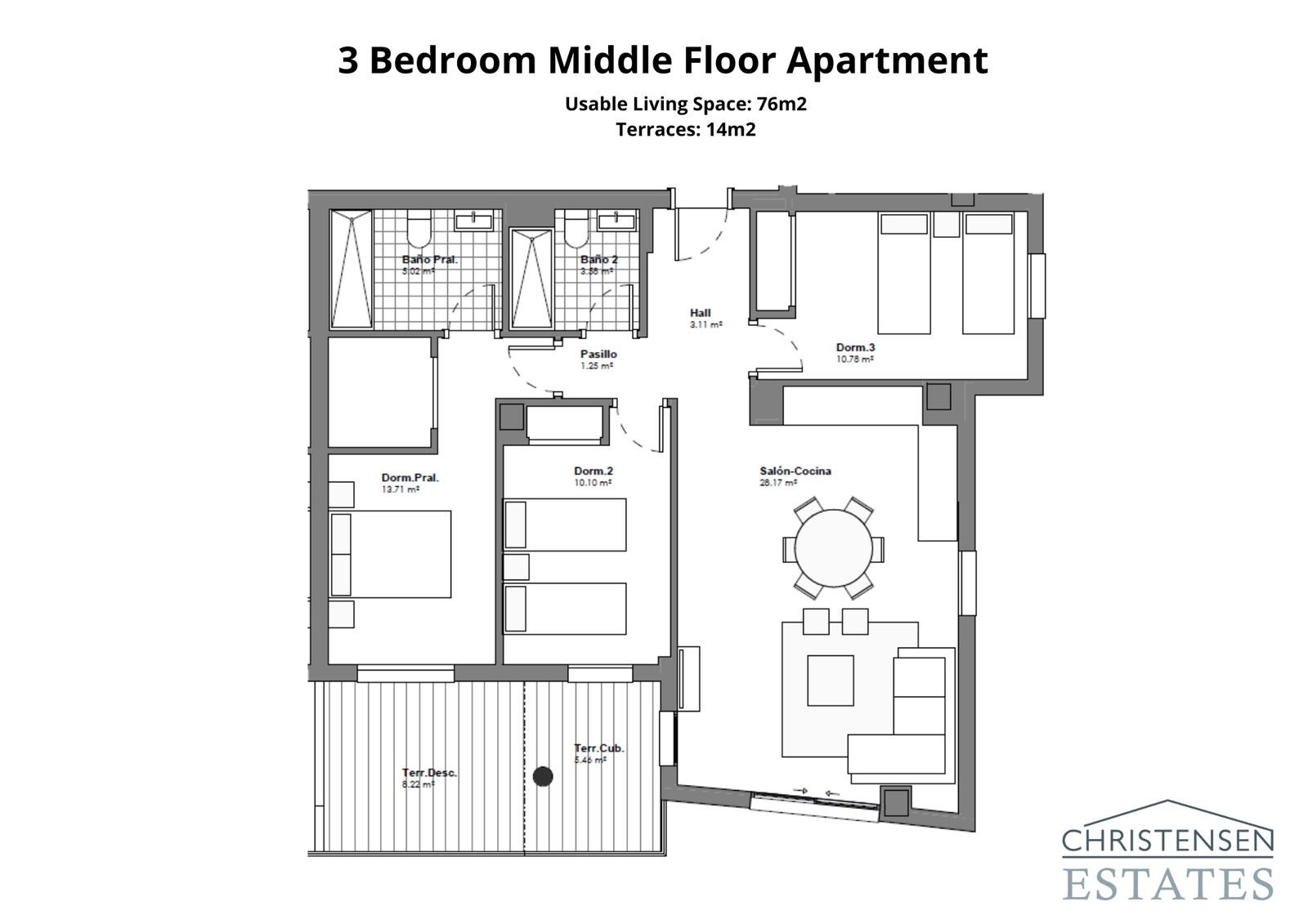 Ein geräumiges Zuhause mit drei Schlafzimmern, durchdacht gestaltet für Familienkomfort mit einem gut definierten Wohnbereich, der auf eine Terrasse führt.