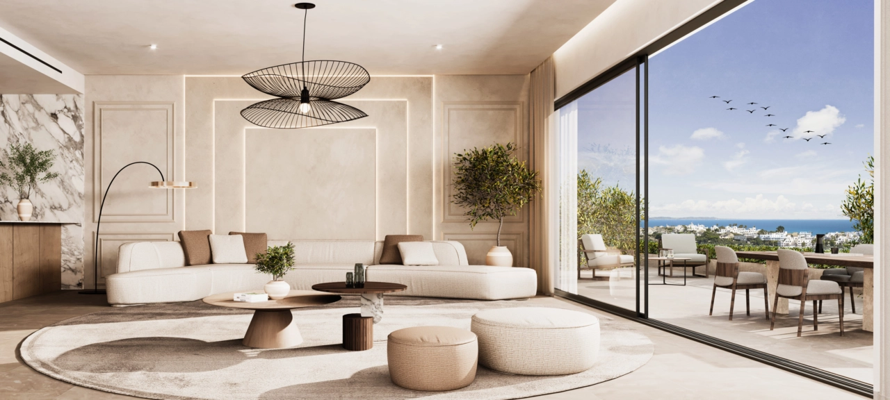 Elegante Wohnbereiche, die nahtlos mit dem Außenbereich verbunden sind.