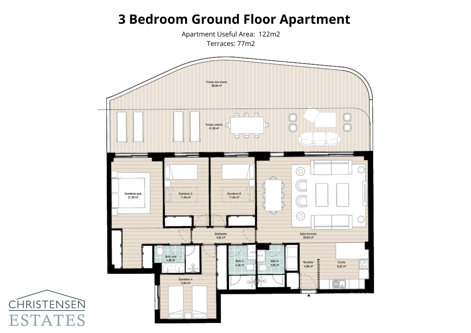 Dieser Grundriss im Erdgeschoss mit drei Schlafzimmern bietet weitläufige Wohnbereiche, die sich direkt auf eine große Terrasse und einen privaten Garten öffnen.