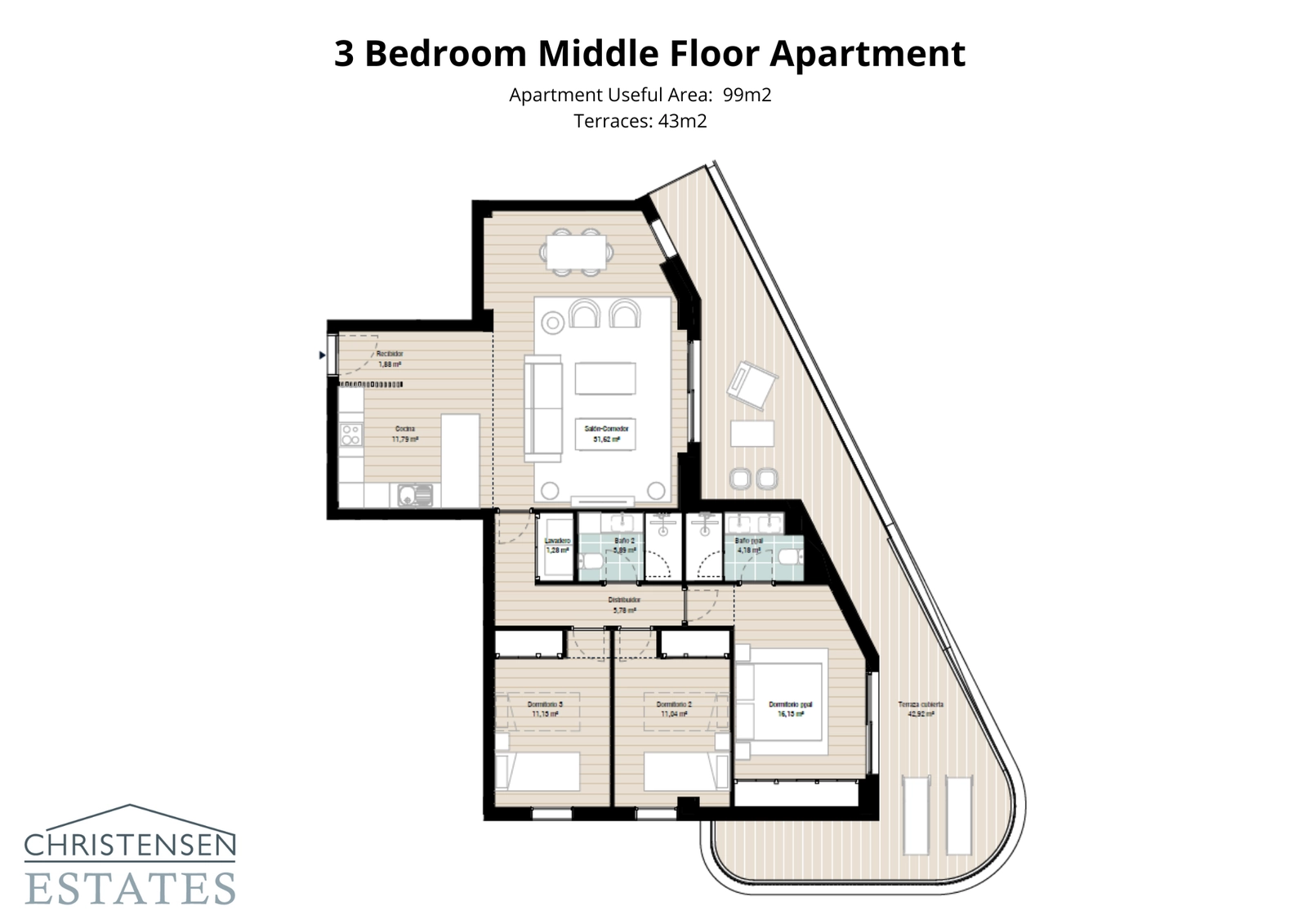 Ein intelligent gestalteter Drei-Zimmer-Wohnungsplan mit einer großzügigen Terrasse, um den Indoor-Outdoor-Lebensstil optimal zu nutzen.
