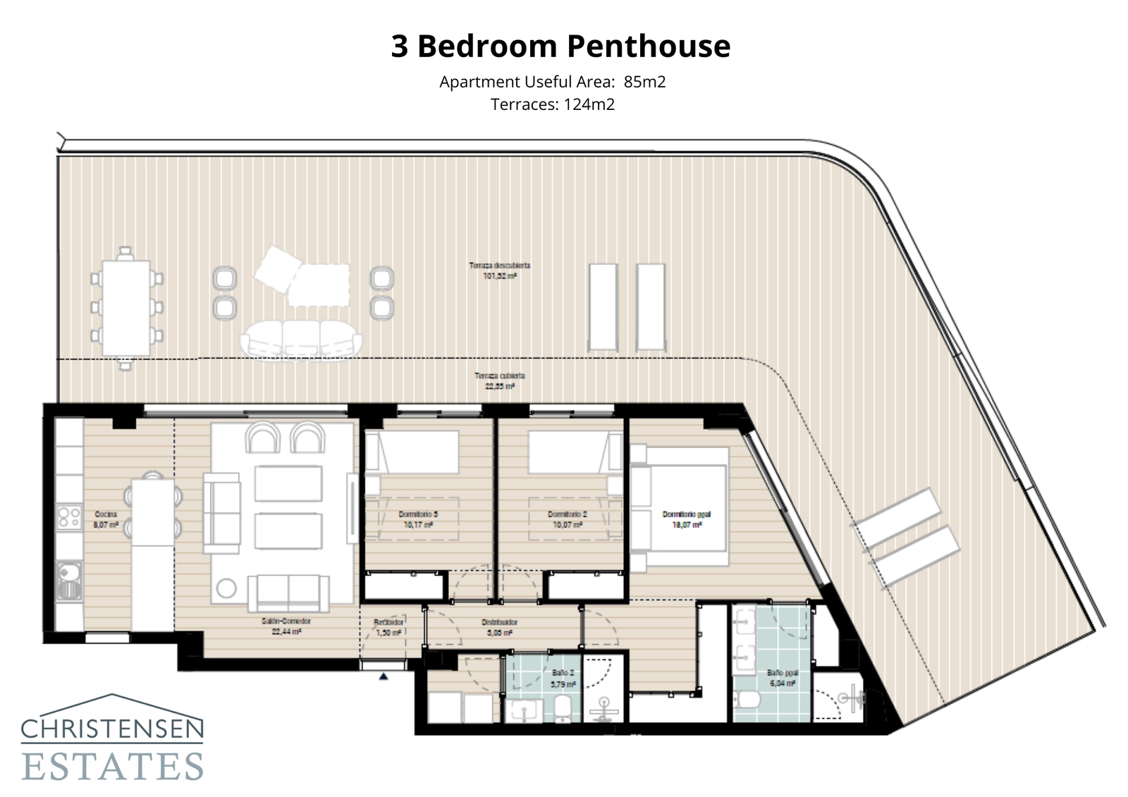 Der Grundriss der Drei-Zimmer-Dachgeschosswohnung verfügt über eine prächtige umlaufende Terrasse, die reichlich Platz zum Entspannen und Unterhalten bietet.