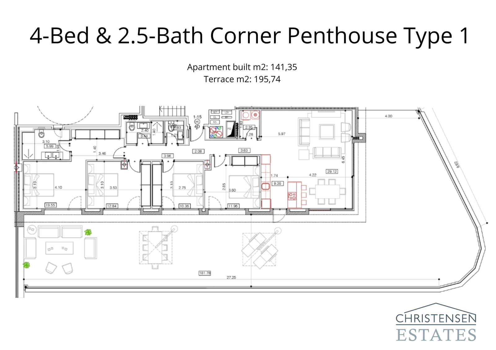 Geräumiger Eck-Penthouse-Grundriss mit 4 Schlafzimmern und einer großzügigen 195 m² großen Terrasse, ideal für Unterhaltung und zum Genießen der Aussicht.