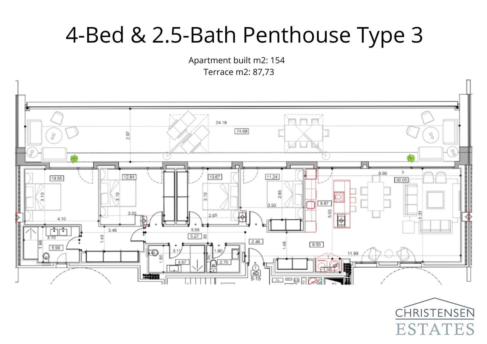 Eine elegante Penthouse-Konfiguration mit 4 Schlafzimmern und 154 m², die einen komfortablen Fluss und eine 87 m² große Terrasse für das Leben im Freien bietet.