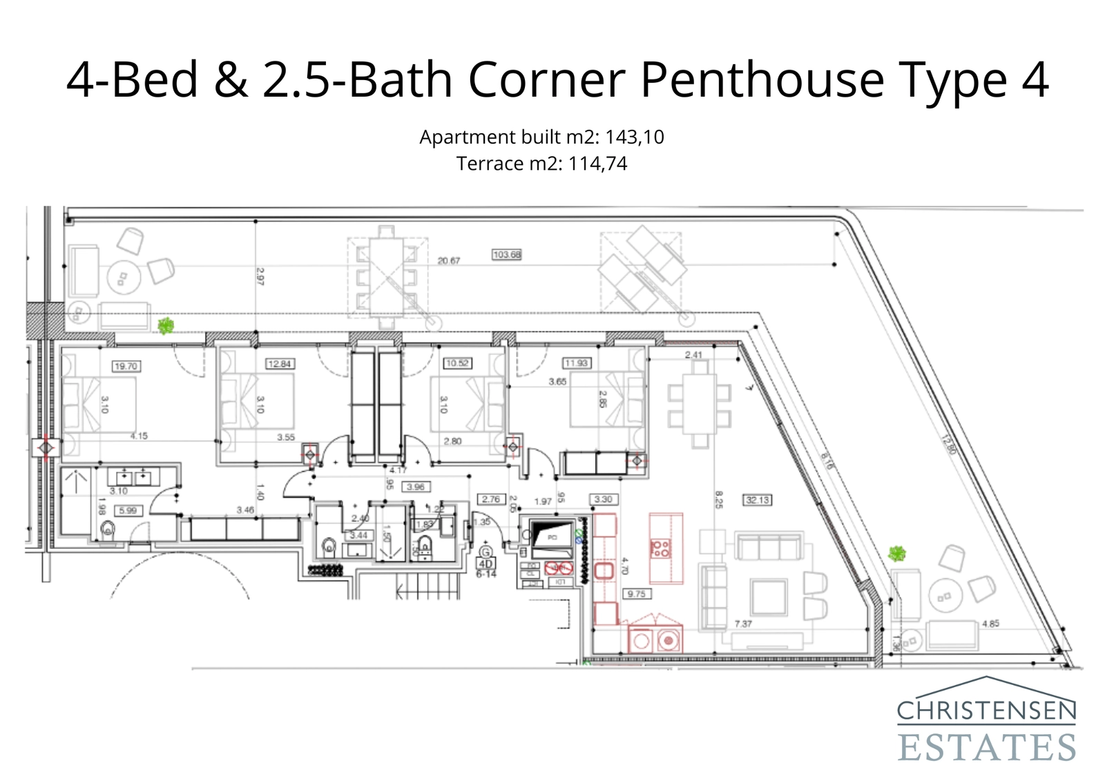 Dieser Eck-Penthouse-Plan mit 4 Schlafzimmern maximiert Licht und Raum und verfügt über eine 114 m² große umlaufende Terrasse für optimalen Genuss im Freien.