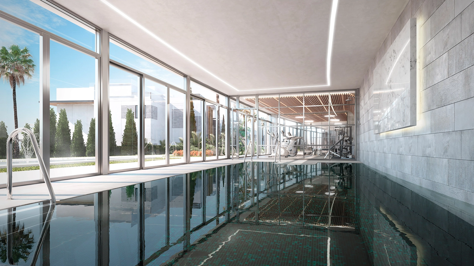 Die Indoor-Spa-Einrichtungen umfassen einen beheizten Pool und ein voll ausgestattetes Fitnessstudio.