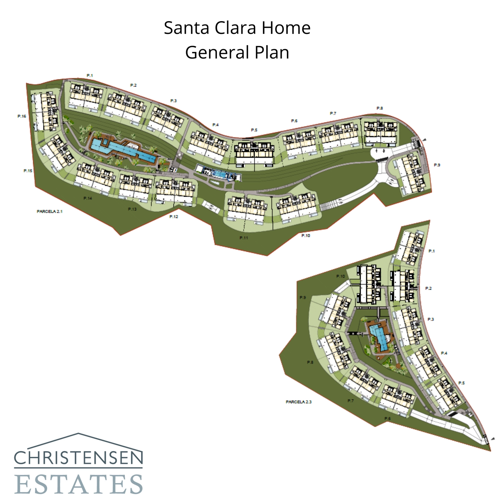 Der Bebauungsplan zeigt die durchdachte Anordnung der Anlage, die Ausblicke, Privatsphäre und Grünflächen für alle Bewohner maximiert.