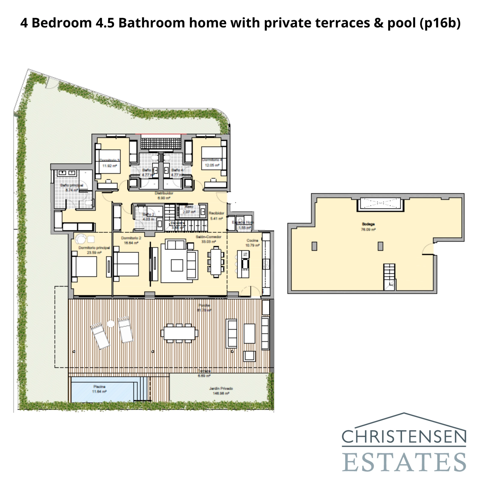 Dieses Erdgeschoss-Layout mit vier Schlafzimmern bietet geräumige Innenbereiche, die mit einer großzügigen Terrasse und einem privaten Garten verbunden sind, ideal für das Familienleben.