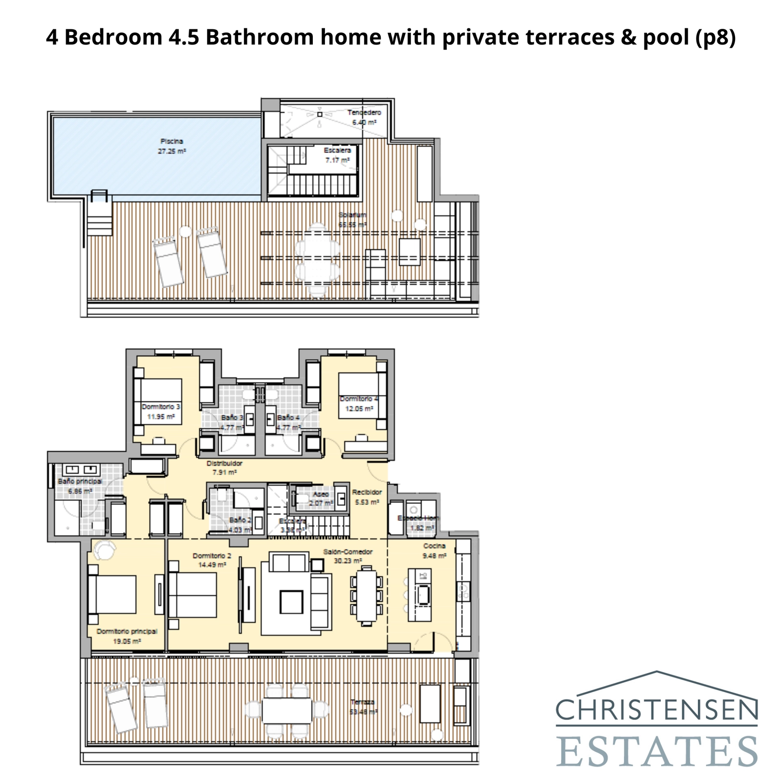 Ein elegantes Duplex-Wohnungslayout mit vier Schlafzimmern, mehreren Terrassen und einem großen Dachsolarium mit privatem Pool.