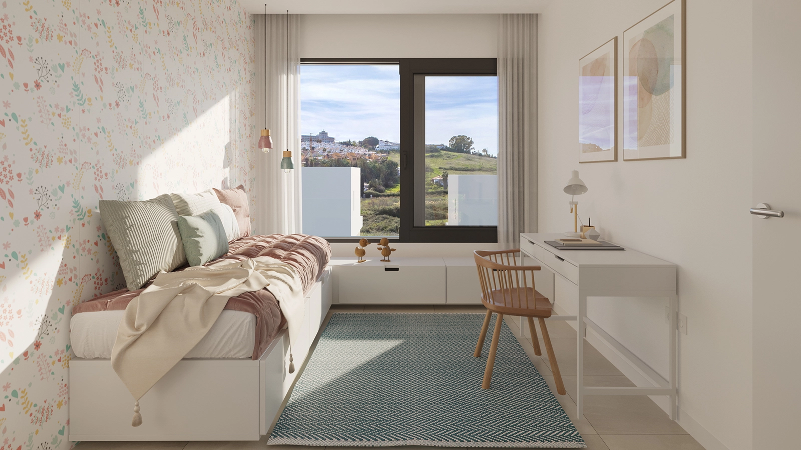 Ein charmantes und vielseitiges Schlafzimmer, das für Kinder, Gäste oder als Home-Office personalisiert werden kann.