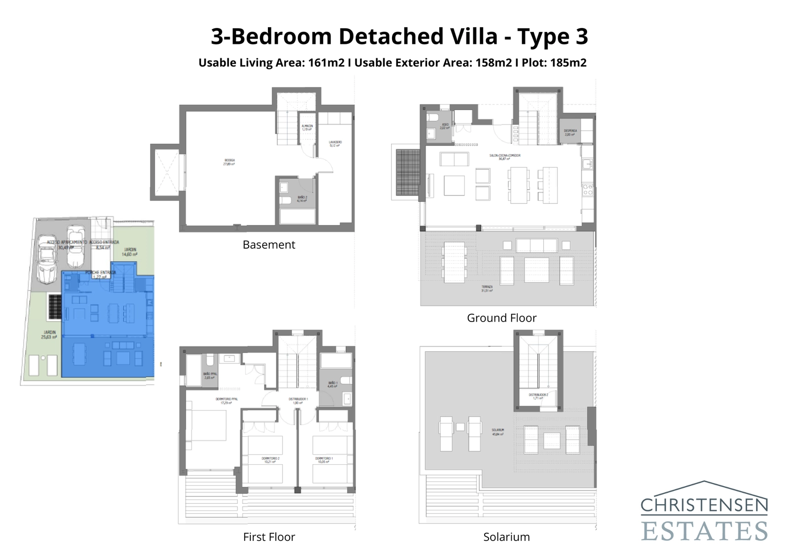 Dieser Villentyp bietet einen weitläufigen Wohnbereich im Erdgeschoss, der sich auf eine große Terrasse erstreckt, ergänzt durch drei Schlafzimmer im Obergeschoss und ein spektakuläres Solarium.