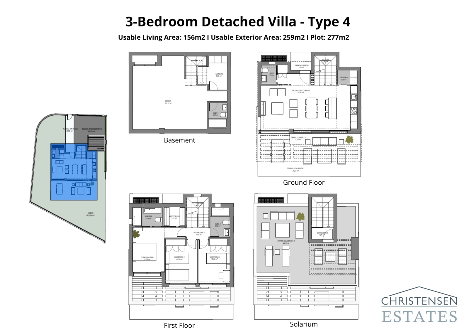 Entdecken Sie den Grundriss dieses geräumigen Hauses mit drei Schlafzimmern, das für Komfort und Privatsphäre konzipiert wurde, mit einem fließenden Wohnbereich, großzügigen Außenbereichen und einem Solarium auf dem Dach.