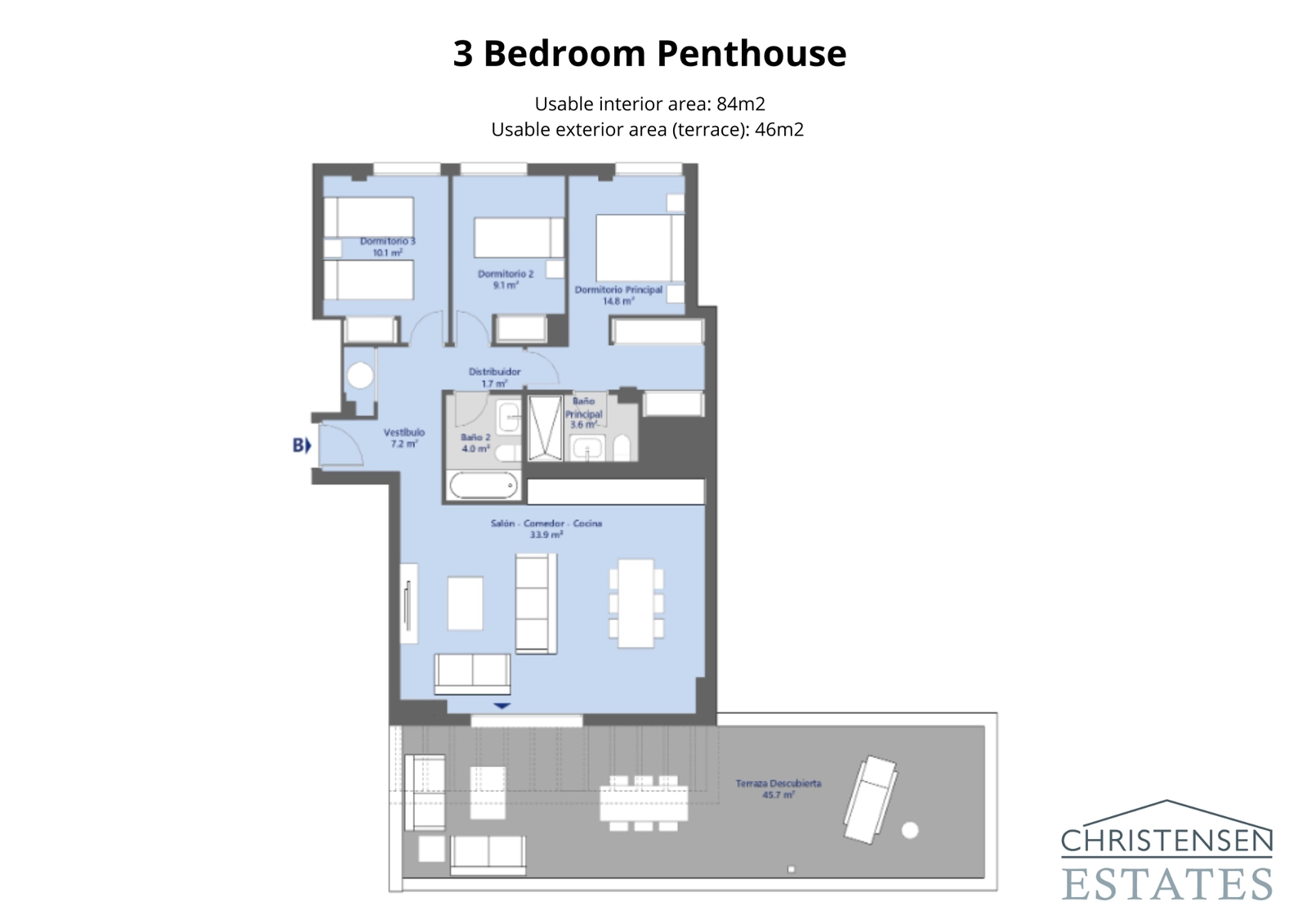 Dachgeschosswohnung mit drei Schlafzimmern – Ein luxuriöses Layout mit viel Platz, drei komfortablen Schlafzimmern und einer weitläufigen Terrasse, um die Aussicht zu genießen.