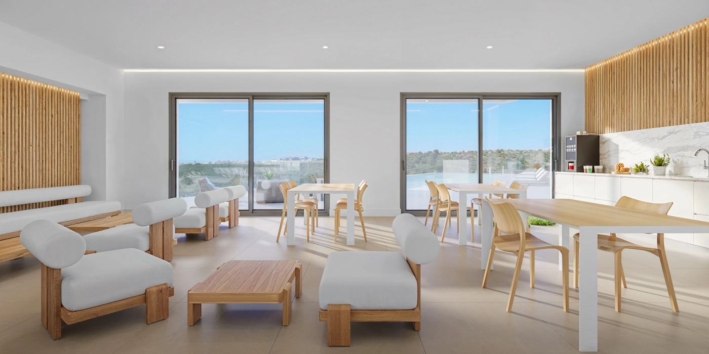 Ein komfortabler Co-Working-Bereich für Bewohner, um in einer ruhigen und professionellen Umgebung zu arbeiten oder zu entspannen.