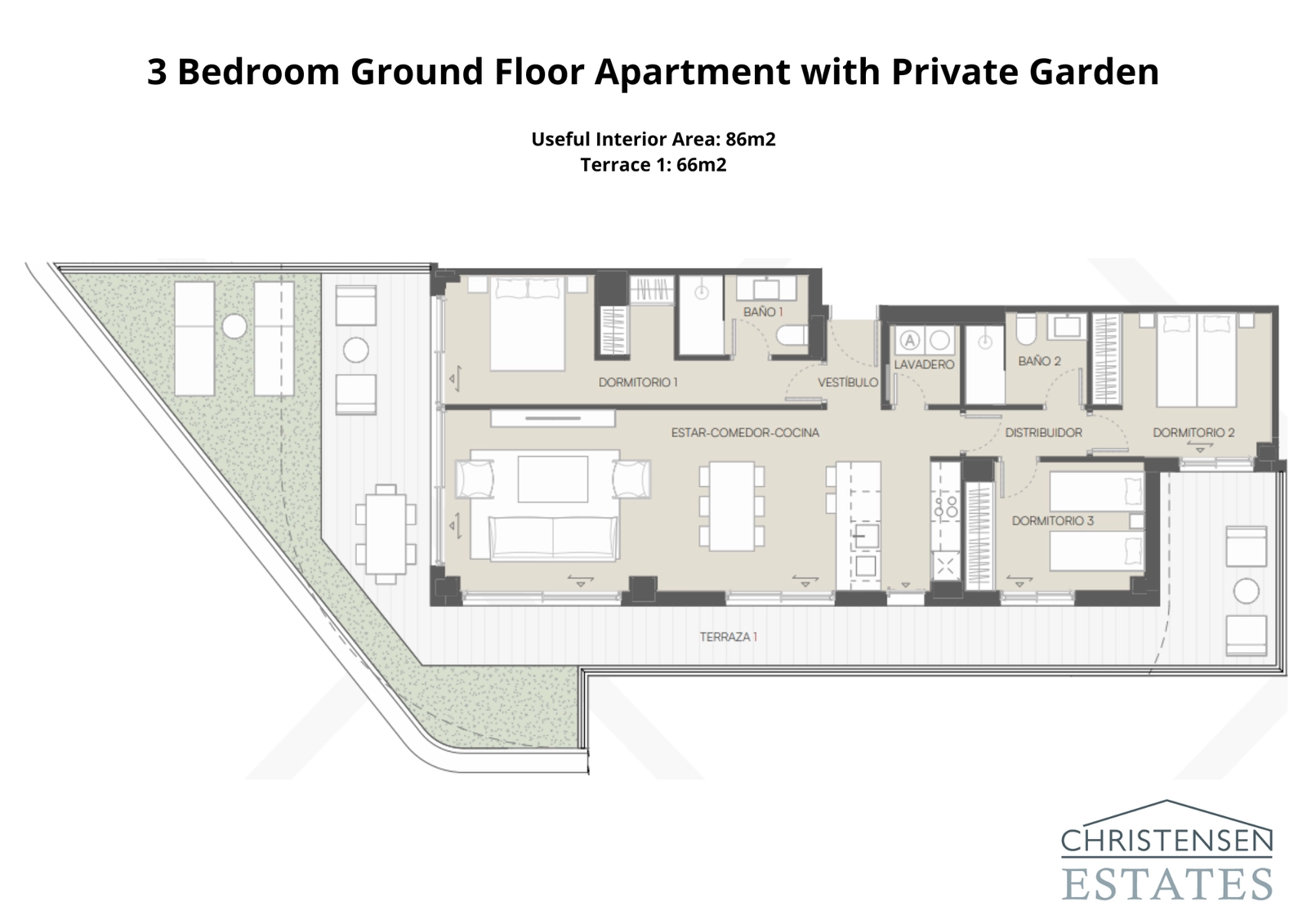Erdgeschosswohnung mit drei Schlafzimmern und einer großzügigen Raumaufteilung, die zu einer weitläufigen Terrasse und einem privaten Garten führt.