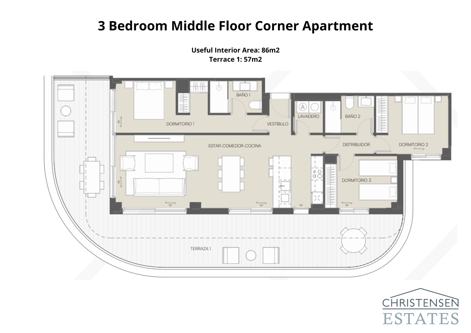 Diese Eckwohnung im mittleren Stockwerk maximiert Licht und Ausblicke mit einer weitläufigen umlaufenden Terrasse.