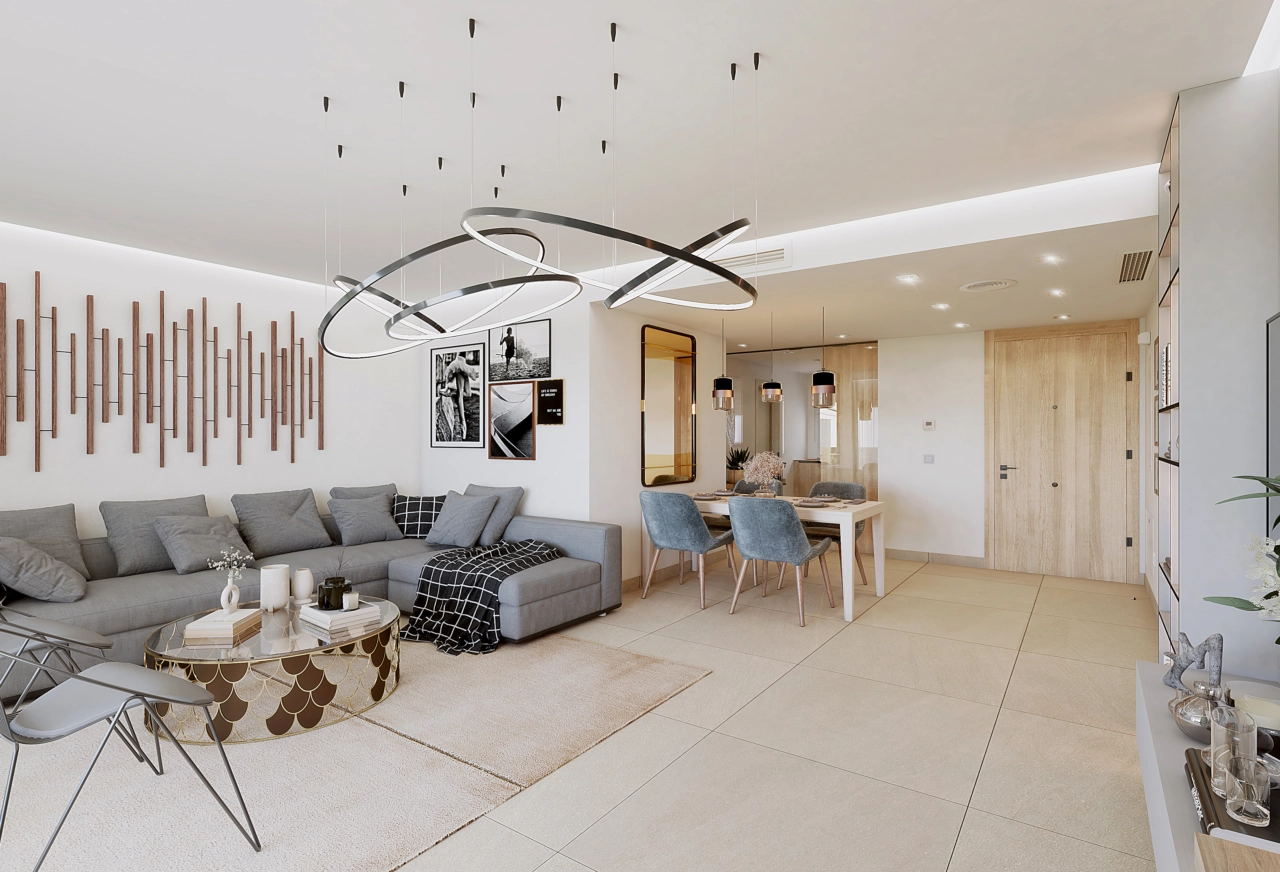 Elegant gestaltete Innenräume bieten Komfort und Stil, mit wunderschönem Blick auf die umliegende grüne Landschaft.