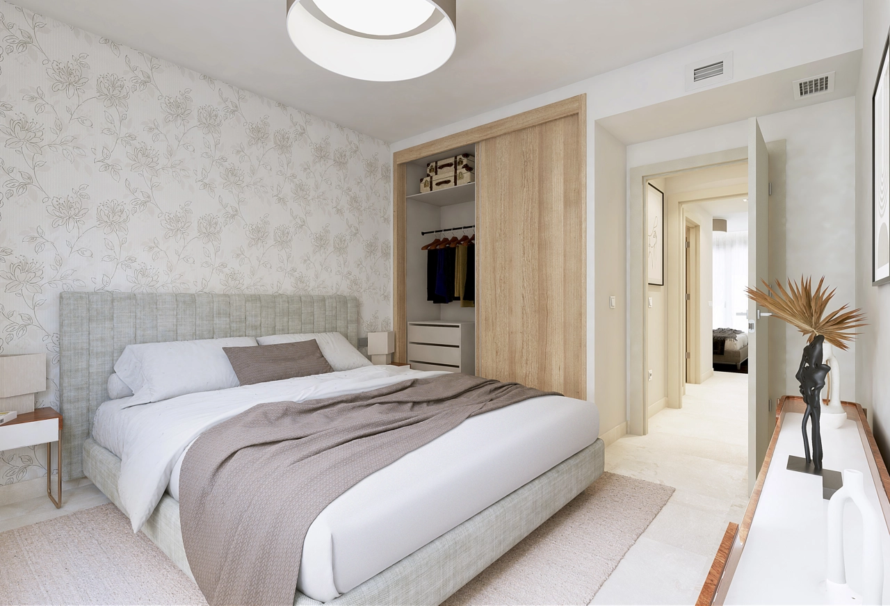 Das Hauptschlafzimmer bietet einen ruhigen Rückzugsort mit reichlich Stauraum und raffinierten Design-Akzenten.