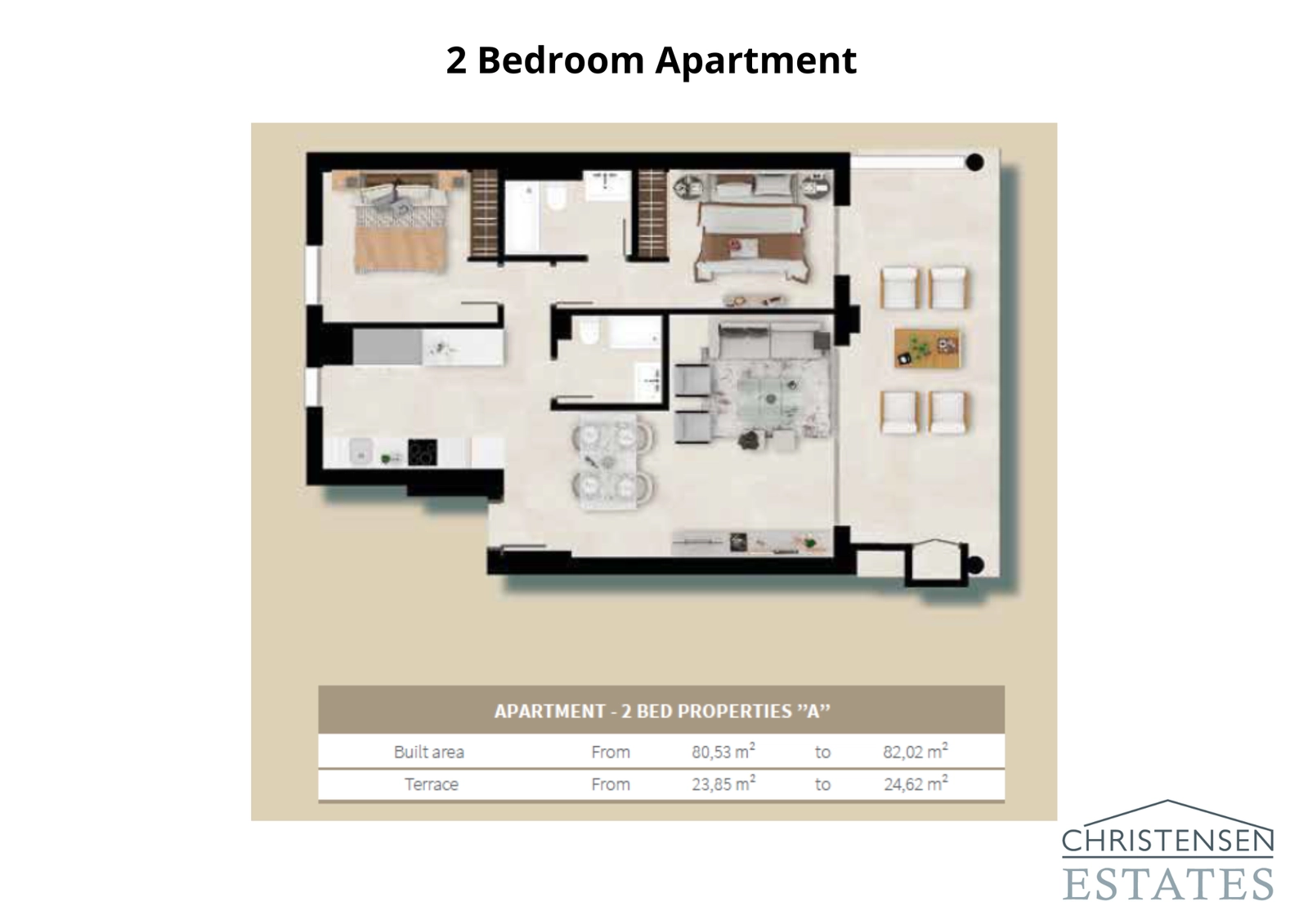 Dieser Grundriss der Zweizimmer-Wohnung bietet ein praktisches und offenes Design, das den Wohnbereich mit einer großzügigen Terrasse verbindet, ideal, um die Natur zu genießen.