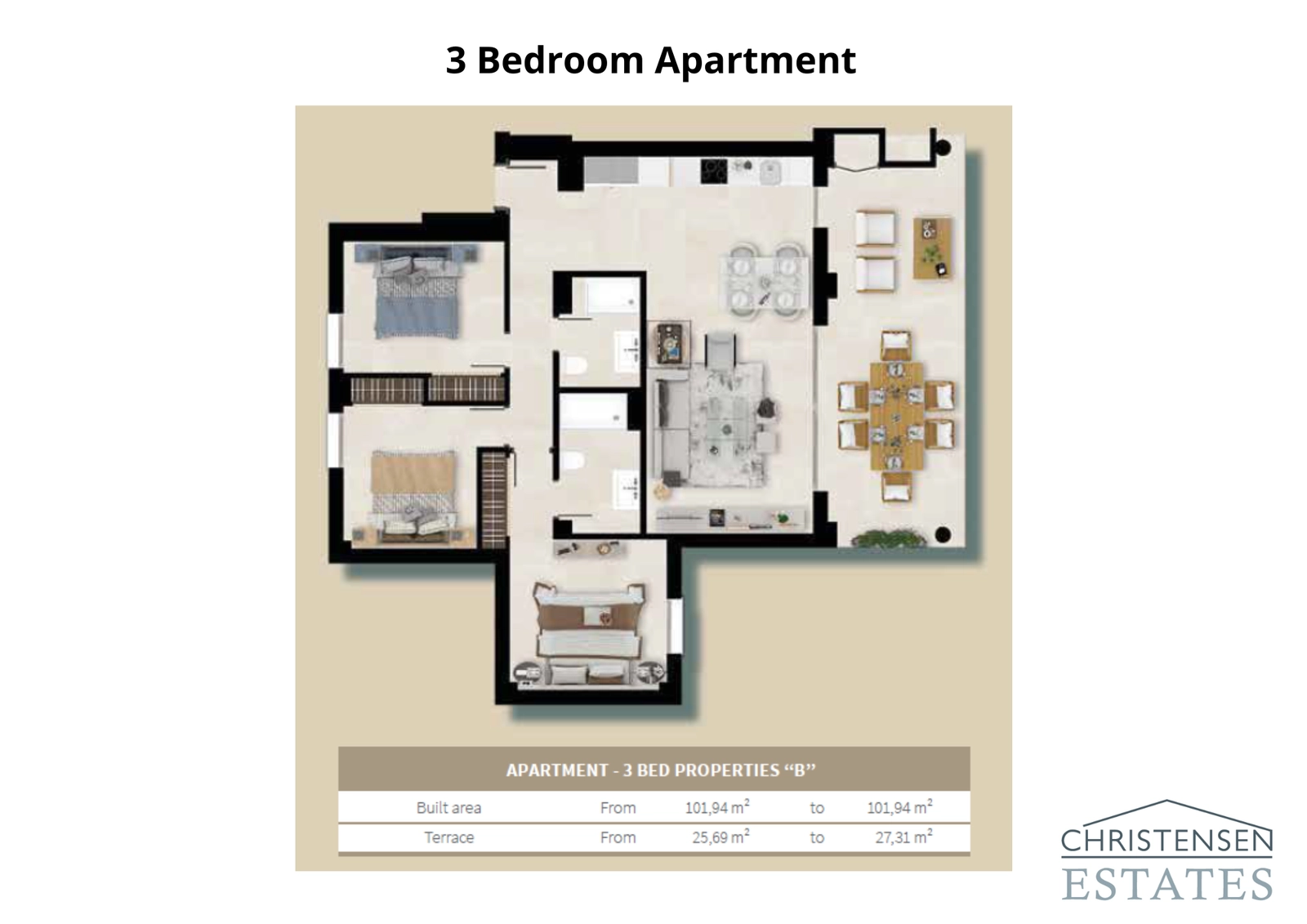 Der durchdachte Grundriss dieser Dreizimmer-Wohnung maximiert den Raum und das natürliche Licht und bietet ein komfortables Umfeld für Familien.
