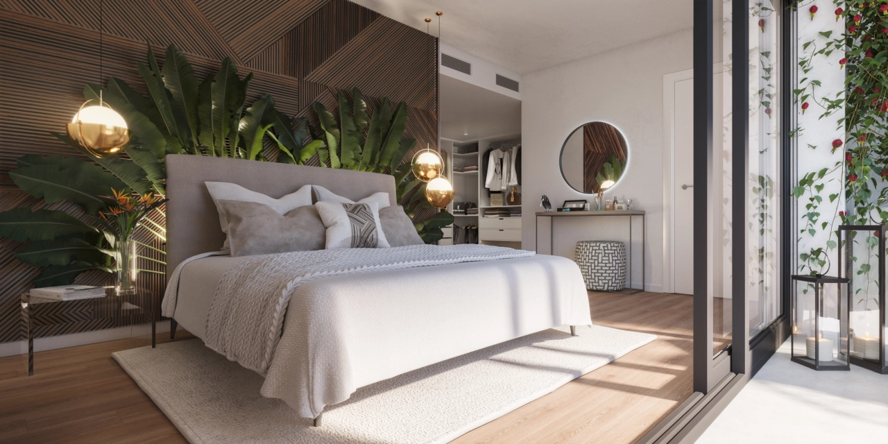 Das Hauptschlafzimmer ist ein ruhiger Rückzugsort mit stilvollem Design und direktem Zugang zum Außenbereich.