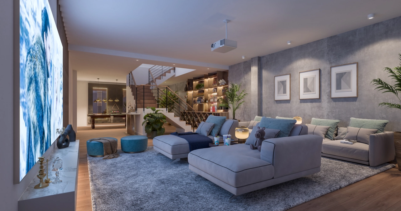 Ein vielseitiges Untergeschoss bietet zusätzlichen Raum für ein Heimkino, ein Spielzimmer oder einen persönlichen Fitnessraum.