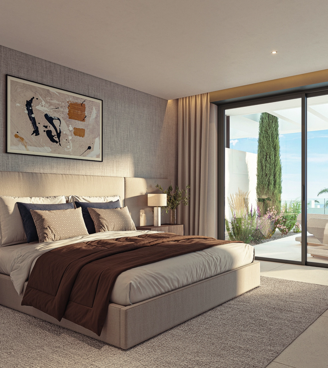 Wachen Sie in einem ruhigen Hauptschlafzimmer mit direktem Zugang zu Ihrer privaten Terrasse auf.