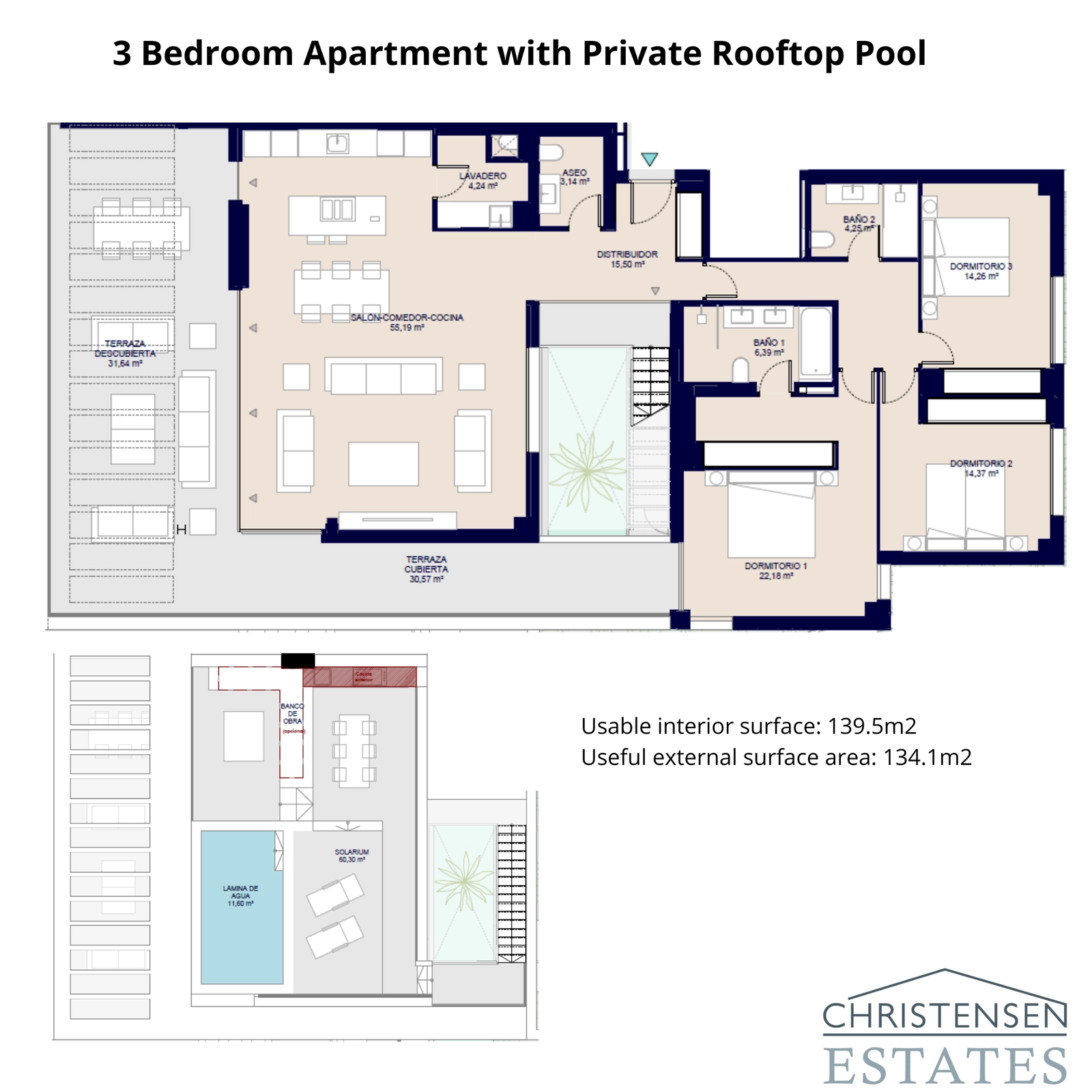 Der Grundriss für dieses Dreizimmer-Haus umfasst ein weitläufiges Dachsolarium mit privatem Pool, perfekt um die Sonne zu genießen.