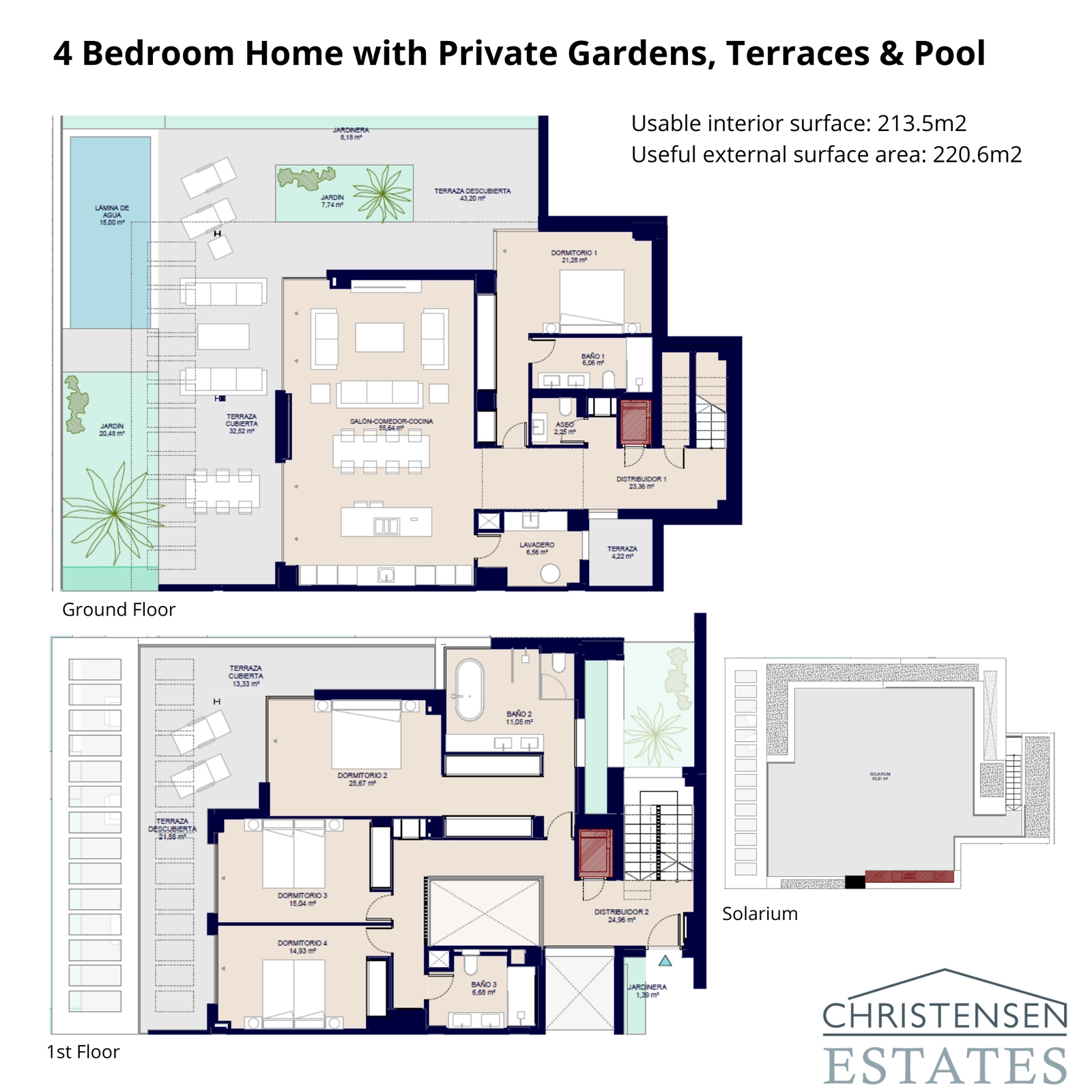 Ein mehrstöckiger Grundriss einer Vierzimmer-Villa, der weitläufige Gärten, Terrassen, einen privaten Pool und ein Dachsolarium zeigt.