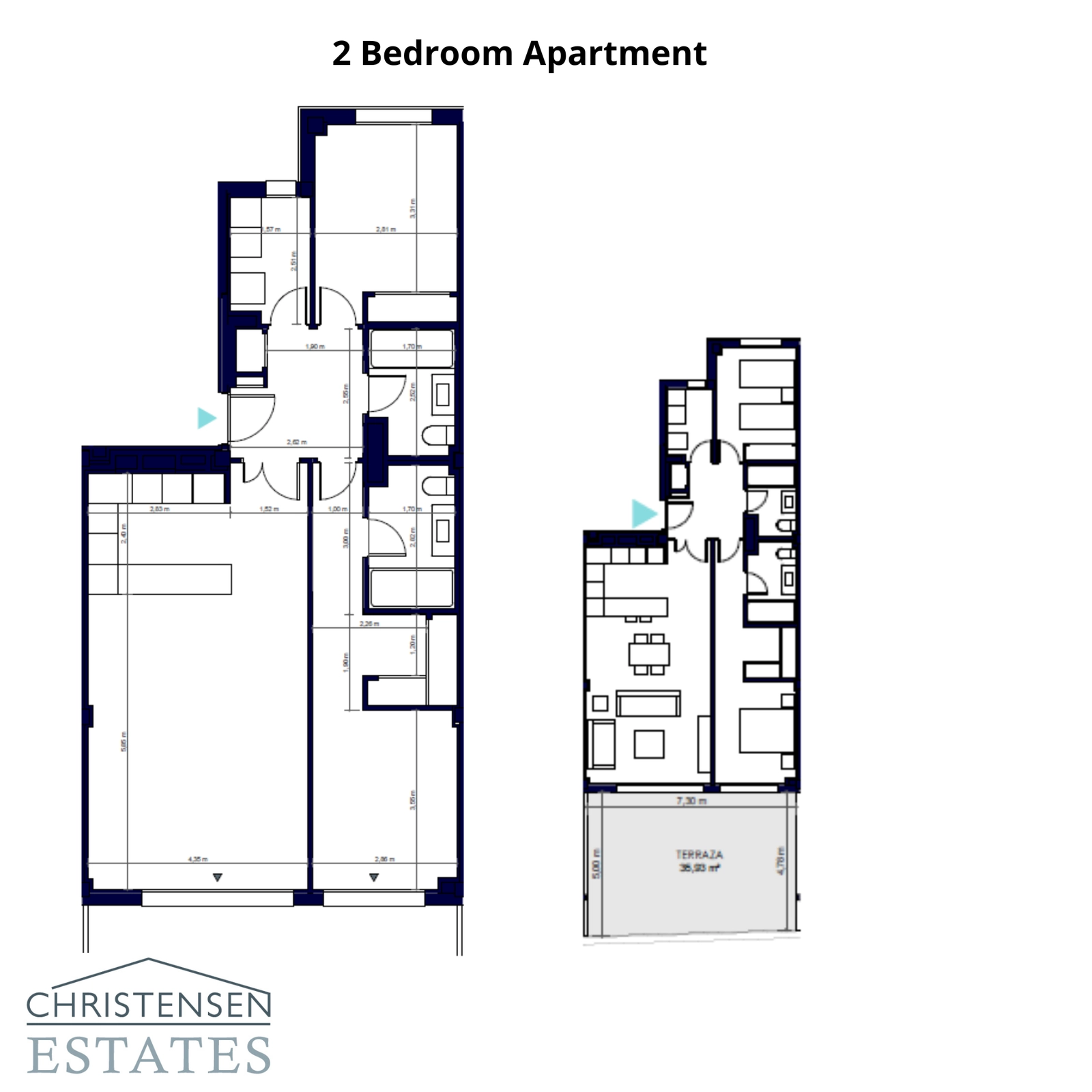 Grundriss einer Zwei-Schlafzimmer-Wohnung, der einen gut aufgeteilten und funktionalen Wohnraum zeigt.