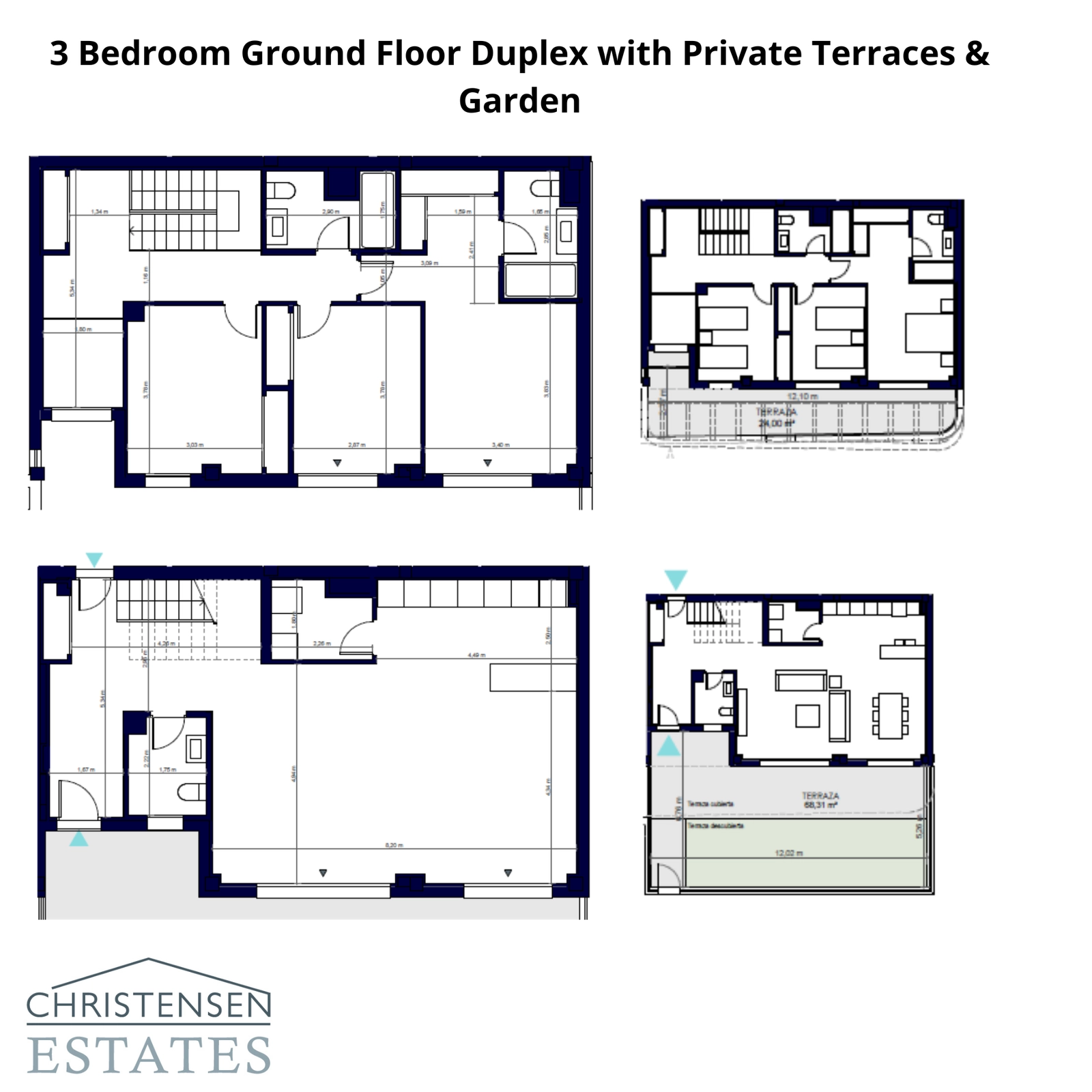Ein großzügiger Drei-Schlafzimmer-Duplex-Grundriss im Erdgeschoss mit weitläufigen privaten Terrassen und einem Garten.